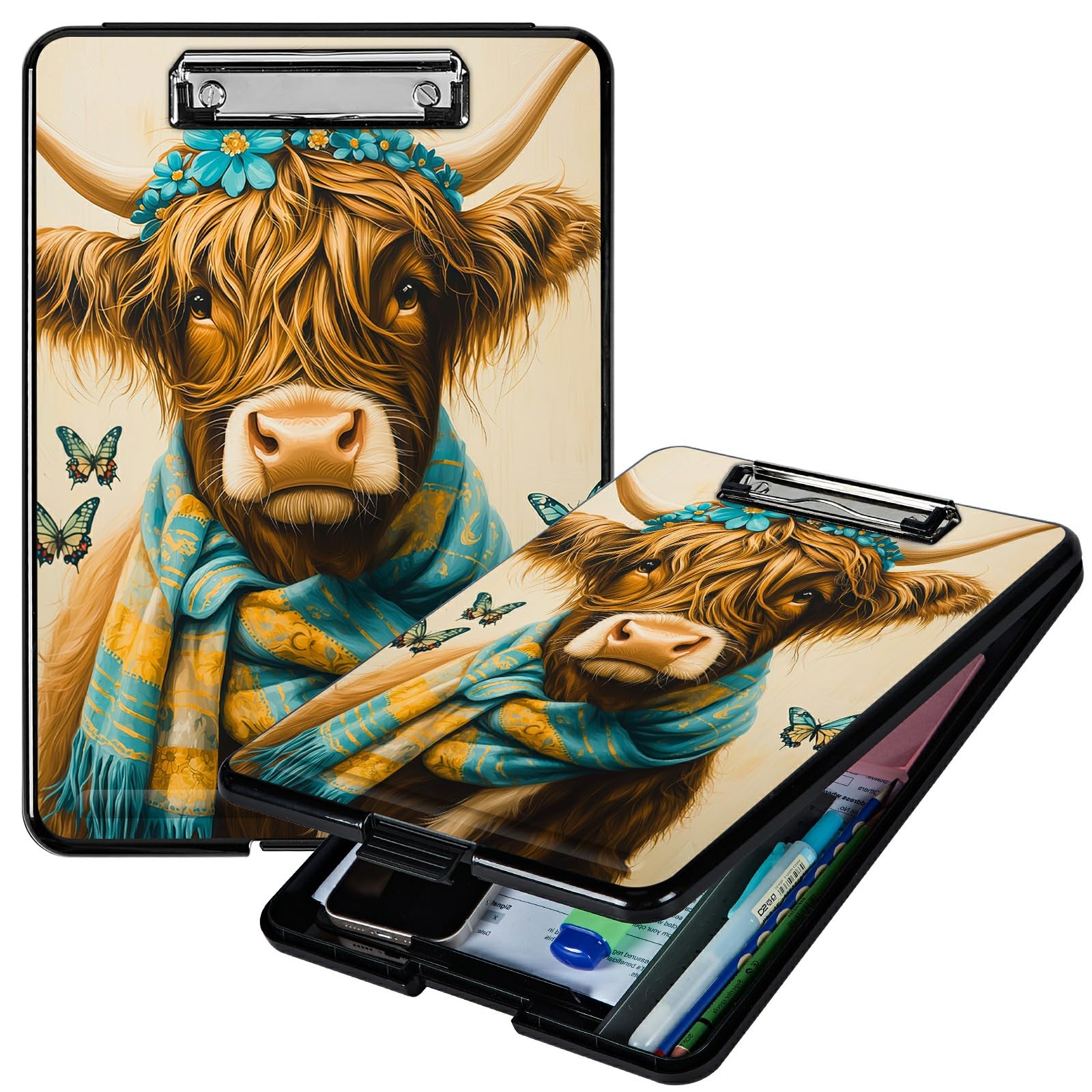 RWUTYTIUL Heavy Duty Storage Clipboard, Slim Nursing Clipboard with Internal Pen Case, Portable File Organizer Case for A4 Letter Size Paper Office Medical Professionals, Blue Towel Cow