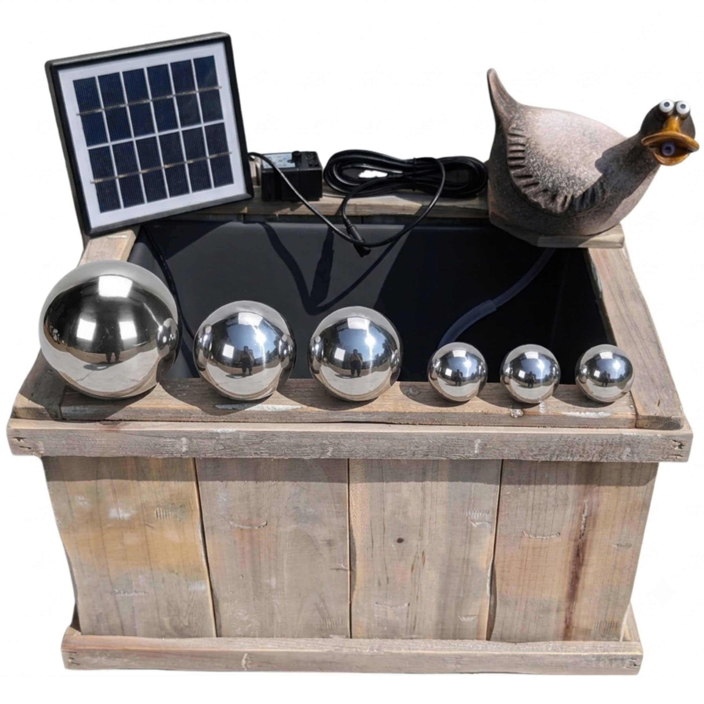 Storm's Gartenzaubereien Holzkiste mit Wasserspeier Ente, Kugeln + Solar | Kompletter Miniteich mit Pumpe