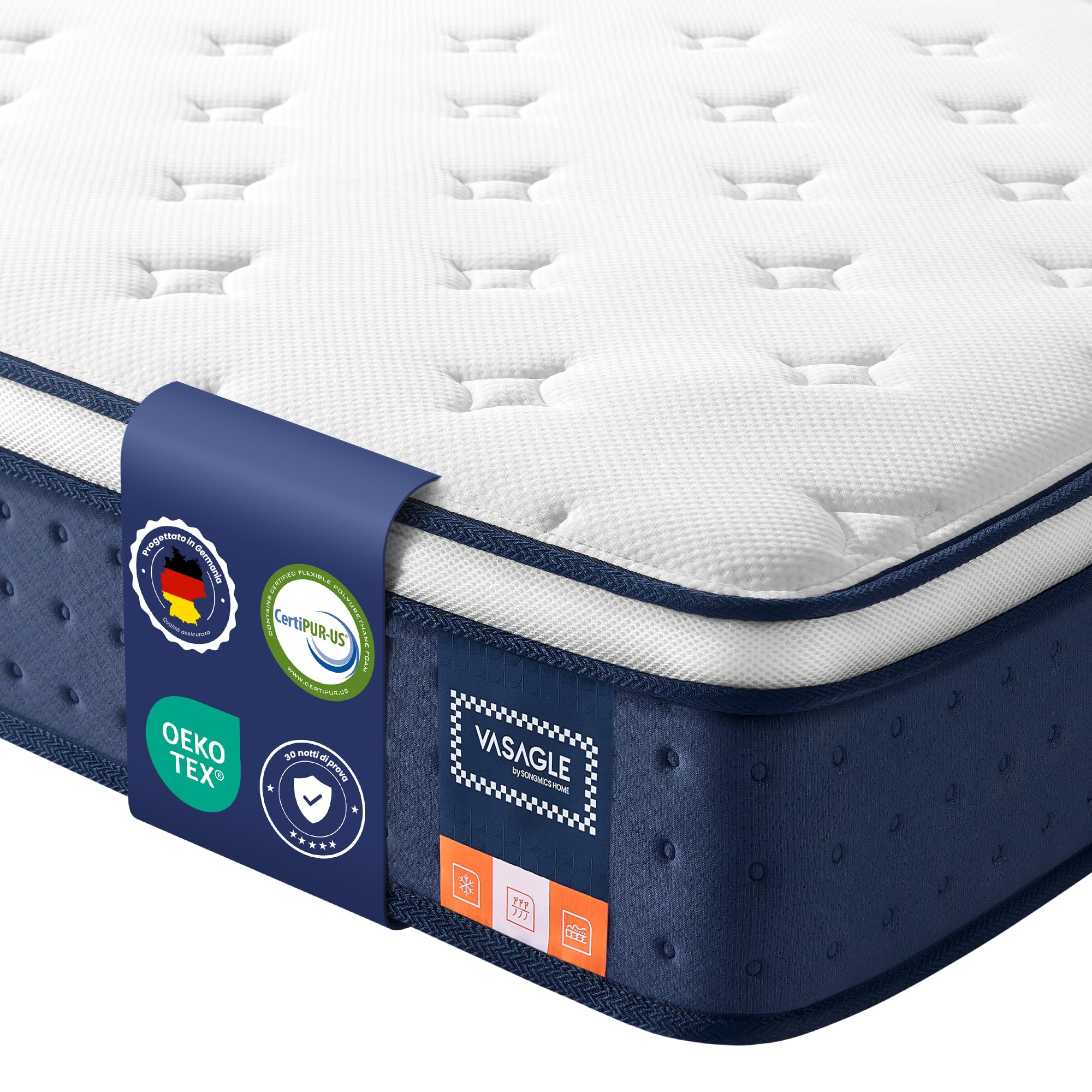 VASAGLE Materasso Singolo 80 x 190 x 25 cm Ibrido, Molle Insacchettate e Memory Foam con Gel, Medio Morbido, 7 Zone, Bordo Rinforzato, Isolamento dal Movimento, Traspirante, Blu RMZ202QZ02