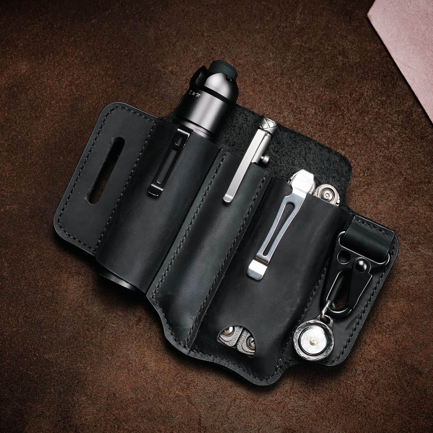 VIPERADE PJ13 EDC Funda de cuero, Multitools Funda/Herramientas Funda/Cuchillo Cinturón Funda/Linterna Vaina para Leatherman Multitools/Cuchillos, Hecho a Mano 3 Bolsillos Organizador Funda