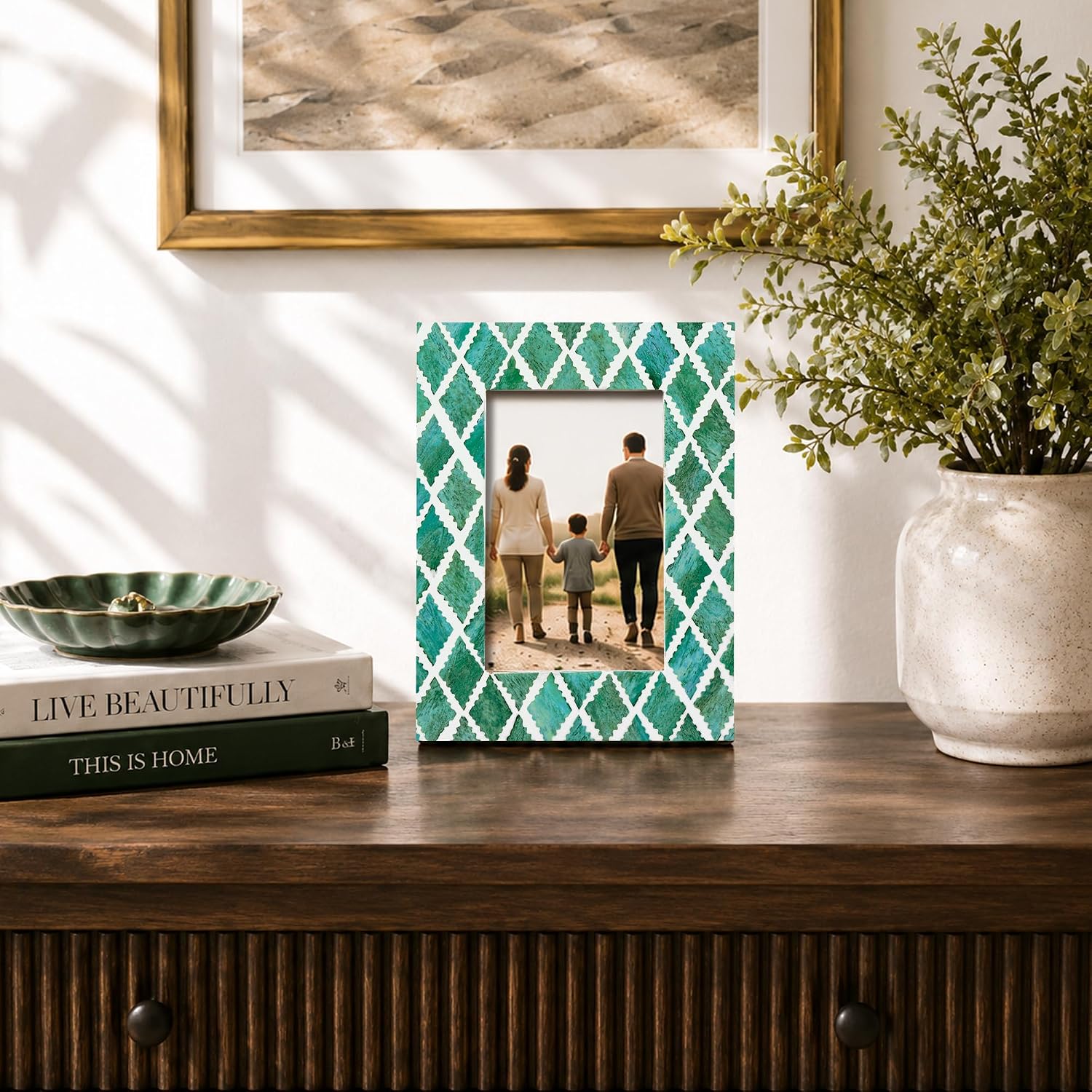 Handicrafts Home Handmade Bone & Resin Inlay Green White Picture Frame, 6x4 image 3