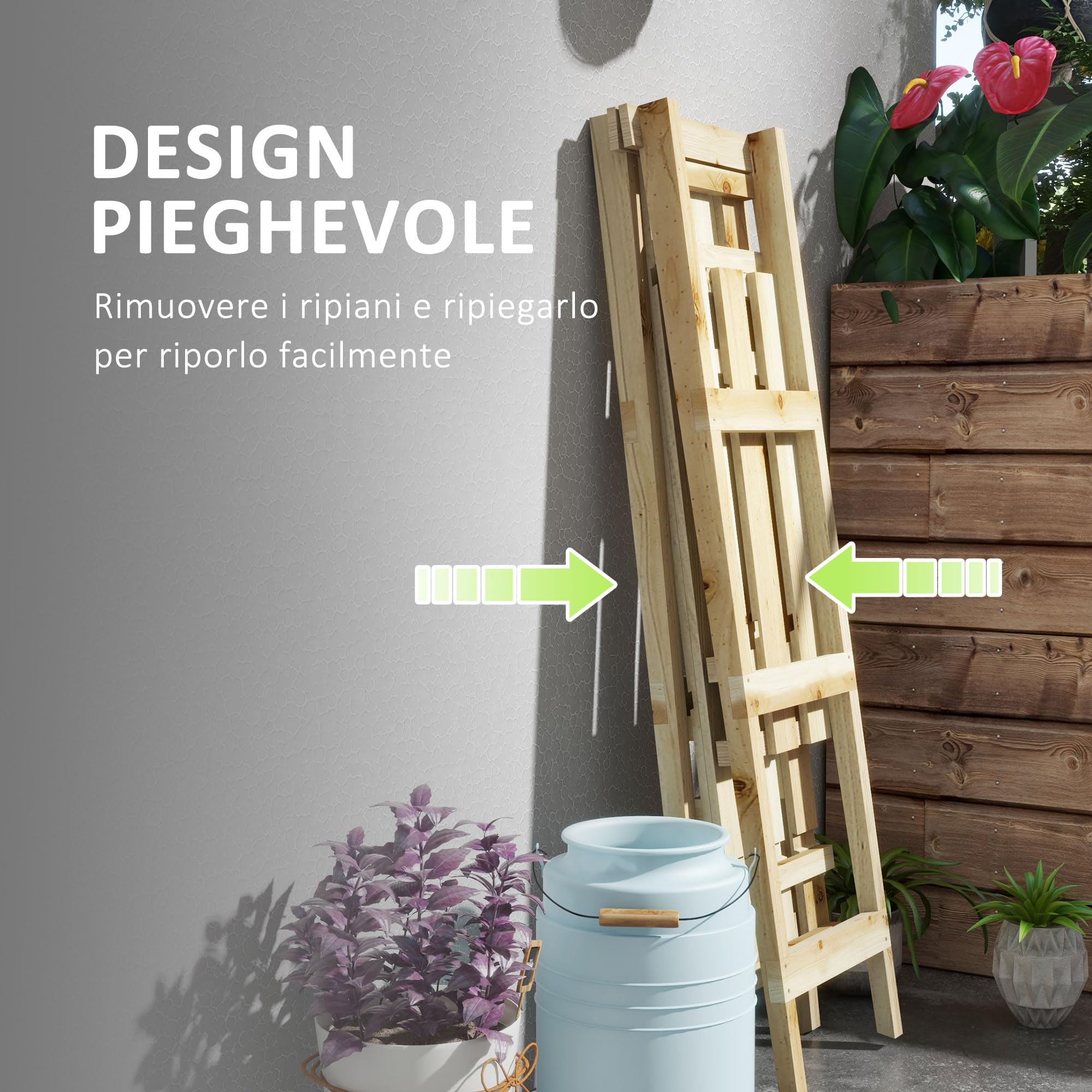 Outsunny Scaffale Porta Piante Verticale a Doghe 100x36x112 cm Color Legno | 3 Livelli Pieghevole, Fioriera in Legno di Abete, per Esterni