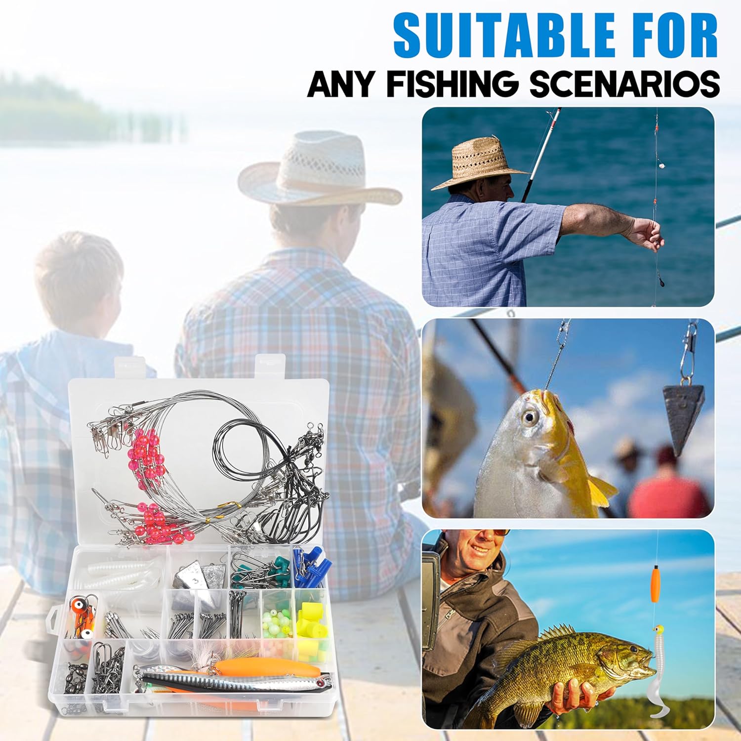 SILANON Saltwater Surf Fishing Tackle Kit,174pcs Ocean Saltwater Fishing Gear Surf Fishing Rigs Saltwater Lures Bucktail Jigs Pyramid Sinkers Fishing Floats Hooks Swivels Surf Fishing Accessories