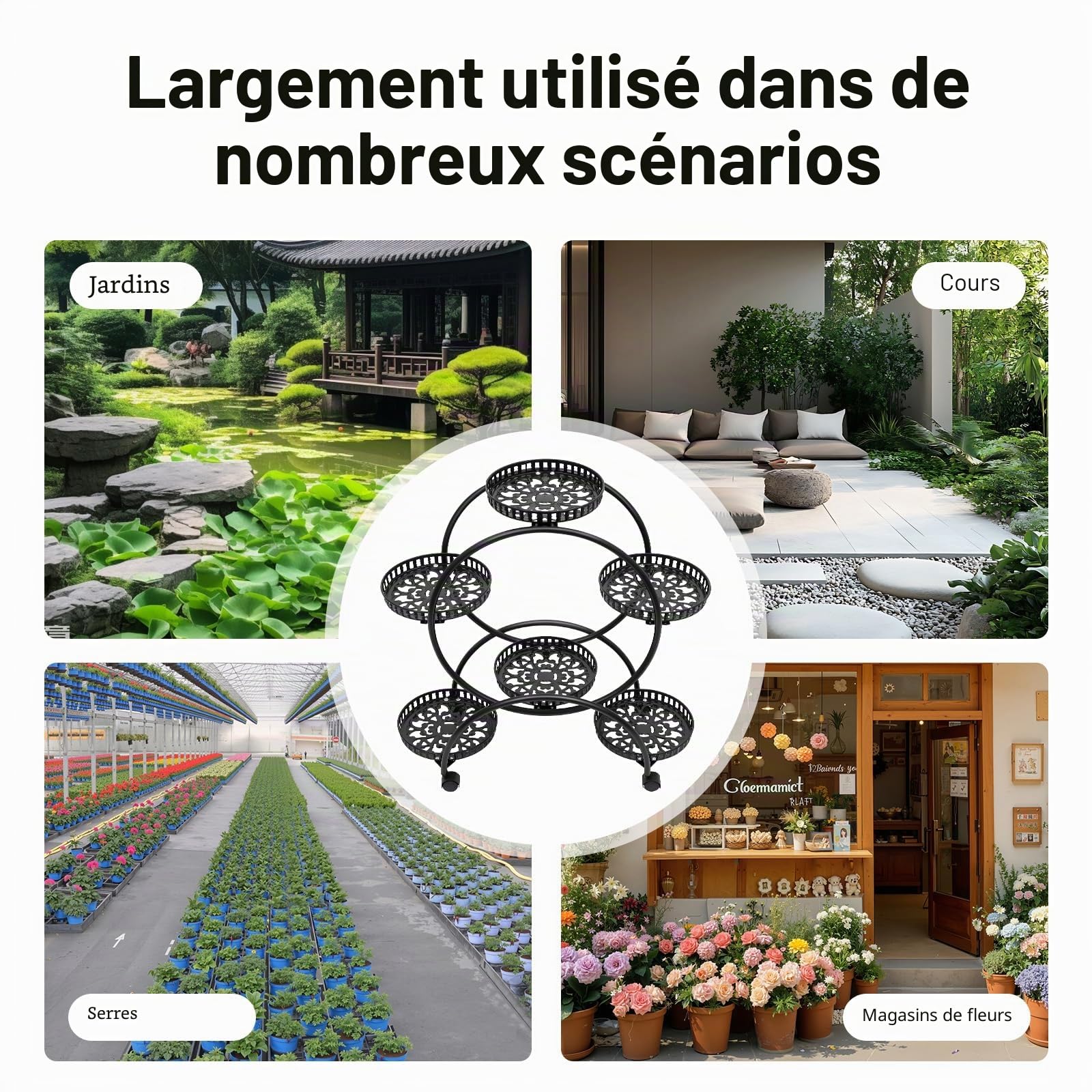 Support pour plantes à 4 niveaux et 6 pots de fleurs en métal avec roulettes, étagère pour plantes d'intérieur et d'extérieur pour salon, jardin et balcon