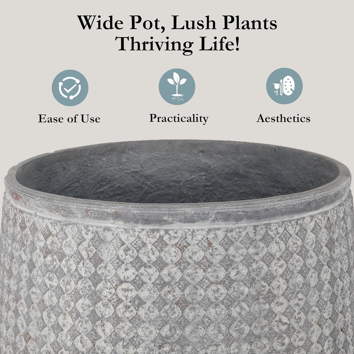Worth Garden Large Grey Round Planter – 14.5" Dia x 17.5" H Lightweight Magnesium Oxide Cement Plant Pot with Texture – Raised Pattern Concrete Look – Drainage Hole – Indoor & Outdoor Use - Image 3
