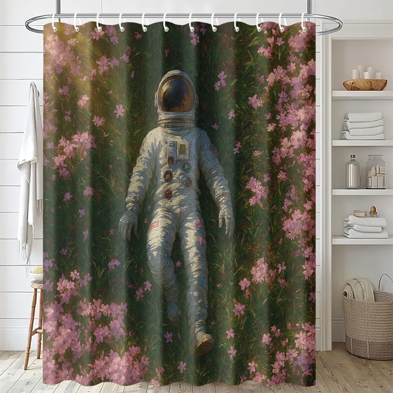 Astronaut Shower Curtain 72x72 Inch with Hooks Surreal Space Explorer in Flower Field Design Fabric Bathroom Decor with Pink Blossoms and Grass for Dreamers Sci Fi Fans Bathtub