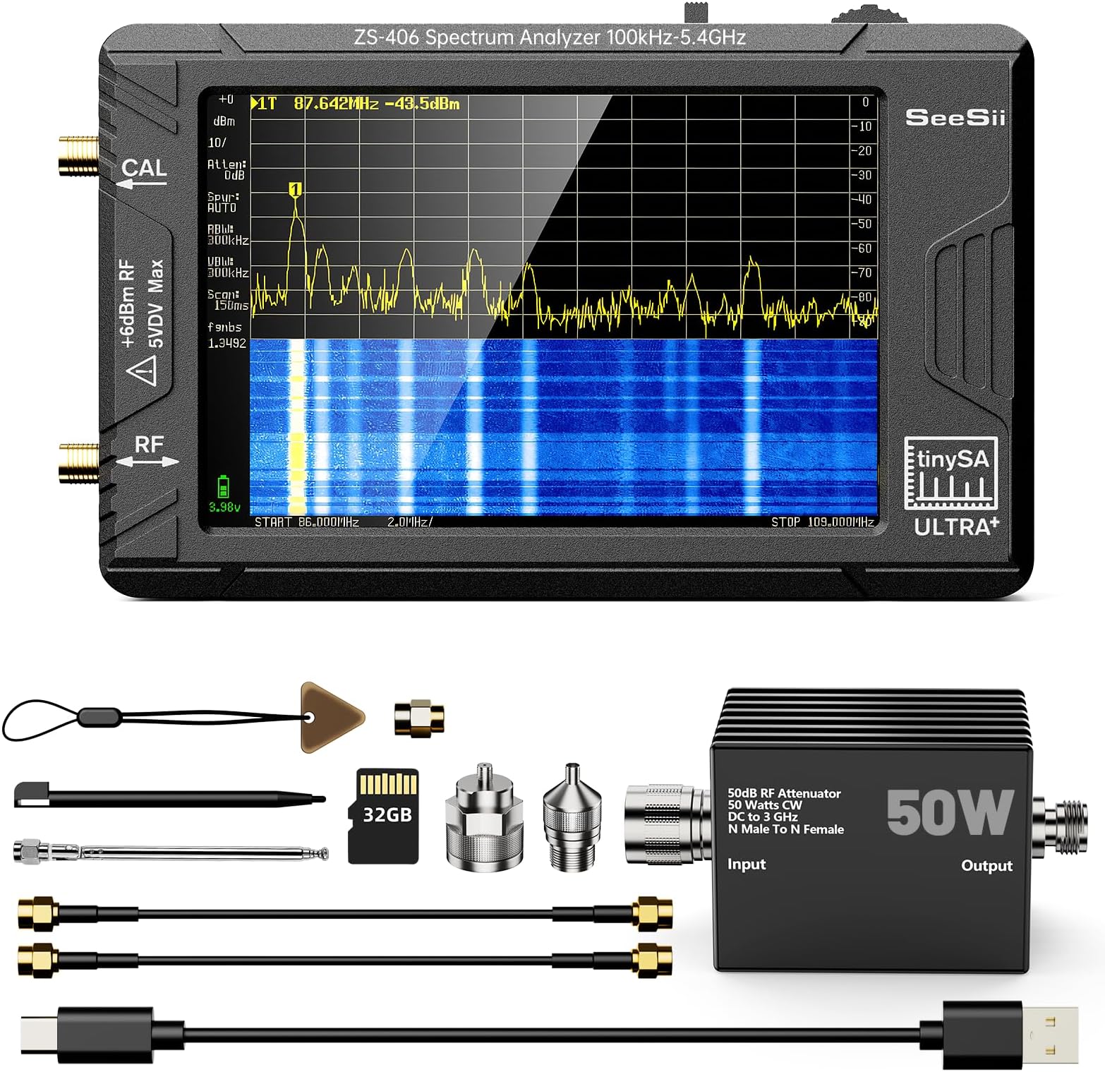 SeeSii TinySA Ultra+ ZS406 Spectrum Analyzer with 50W Attenuator, 4.0 Inch 100kHz to 5.4GHz Handheld Tiny Frequency Analyzer with 32Gb Card,100kHz to 800MHz MF/HF/VHF UHF Input, 2025 Upgraded