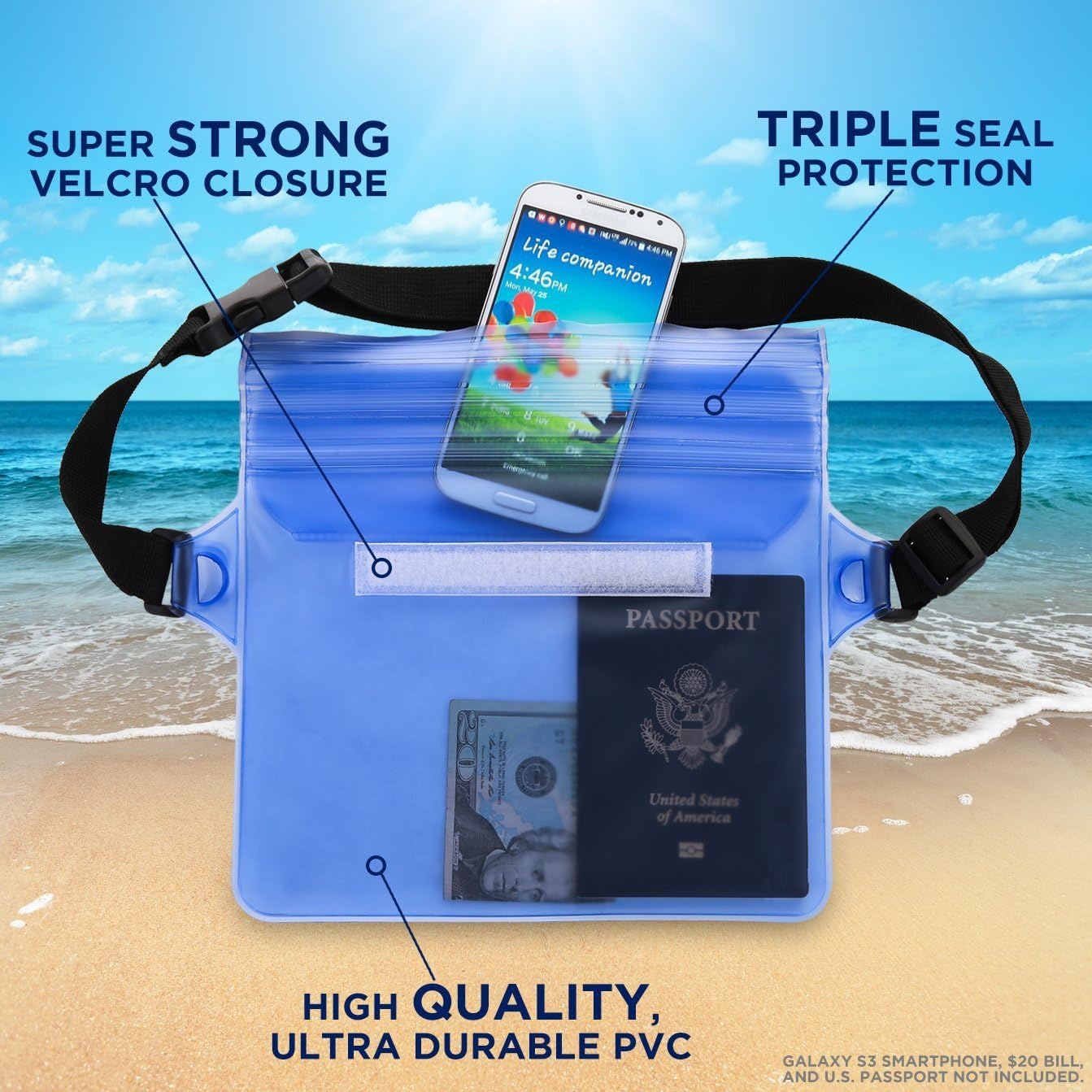WJZXTEK Waterproof Pouch with Waist Strap, 2 Pack Big Size Dry Bag Waterproof Case IPX8 Case Compatible for iPad iPhone Samsung, Perfect for Boating Swimming Snorkeling Kayaking (Ocean Blue + Black)