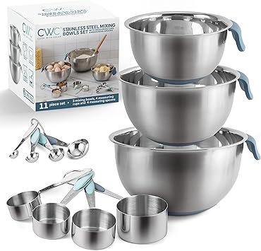 COOK WITH COLOR Stainless Steel Mixing Bowls Set and Measuring Cups- Nesting Bowls with Non-Slip Bottom and Easy-Grip Handles, Rose, 11 Pieces - Thumbnail 2