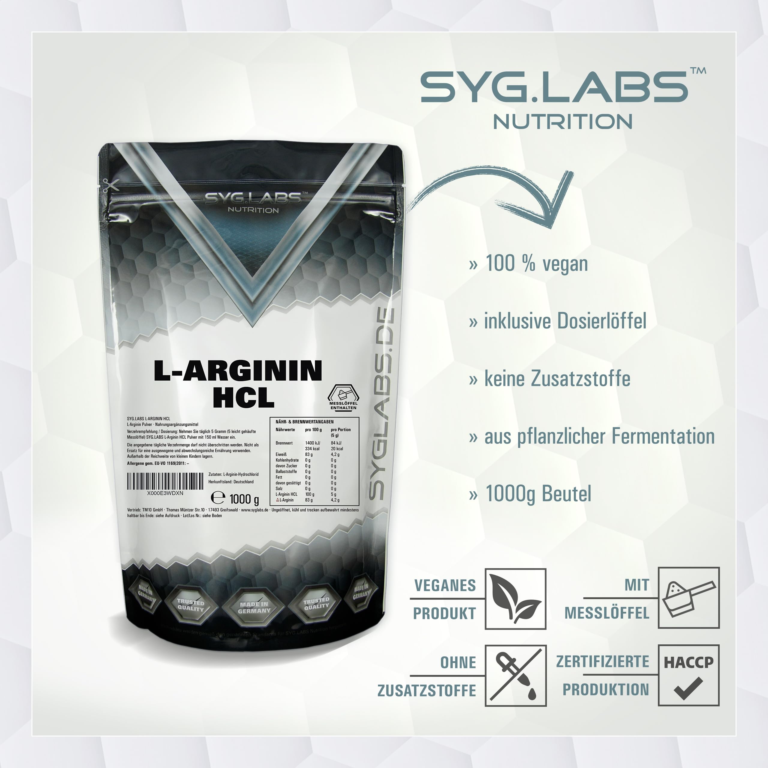 L-Arginin HCL - 1000g Pulver Premium L-Arginin Hydrochlorid - durch Fermentation - ohne Zusätze - vegan - Arginin