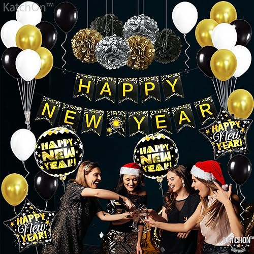 Miniatura 8 de KatchOn, Juego de 40 decoraciones de Feliz Año Nuevo 2025, sin bricolaje, pancarta de feliz año nuevo de 10 pies | Globos de feliz año nuevo 3D con