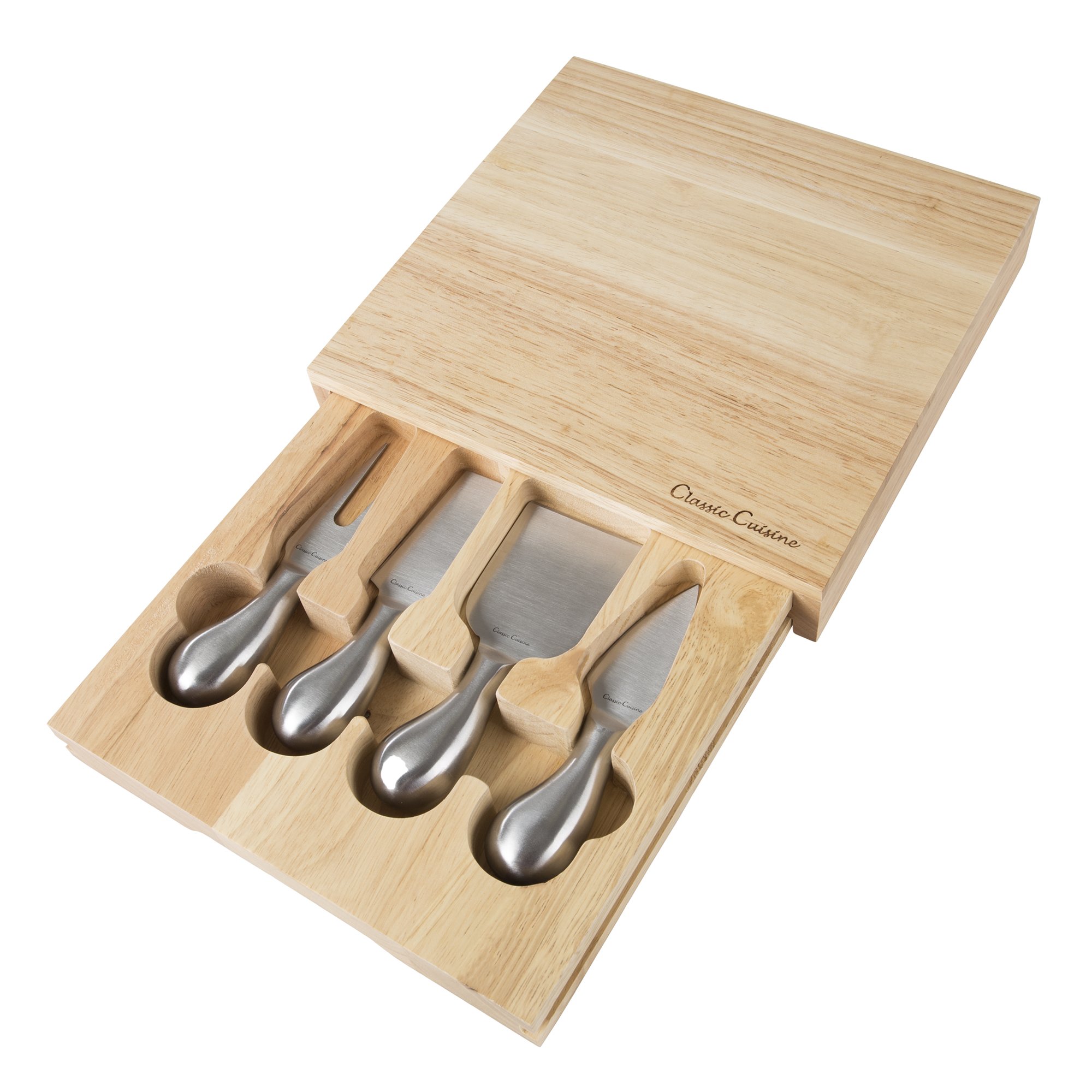 Cheese Board 5 piece Set with Stainless Steel Tools and Wood Cutting Block for Every day, Entertaining, Picnics, Gifts 8.6 x 8.25 by Classic Cuisine