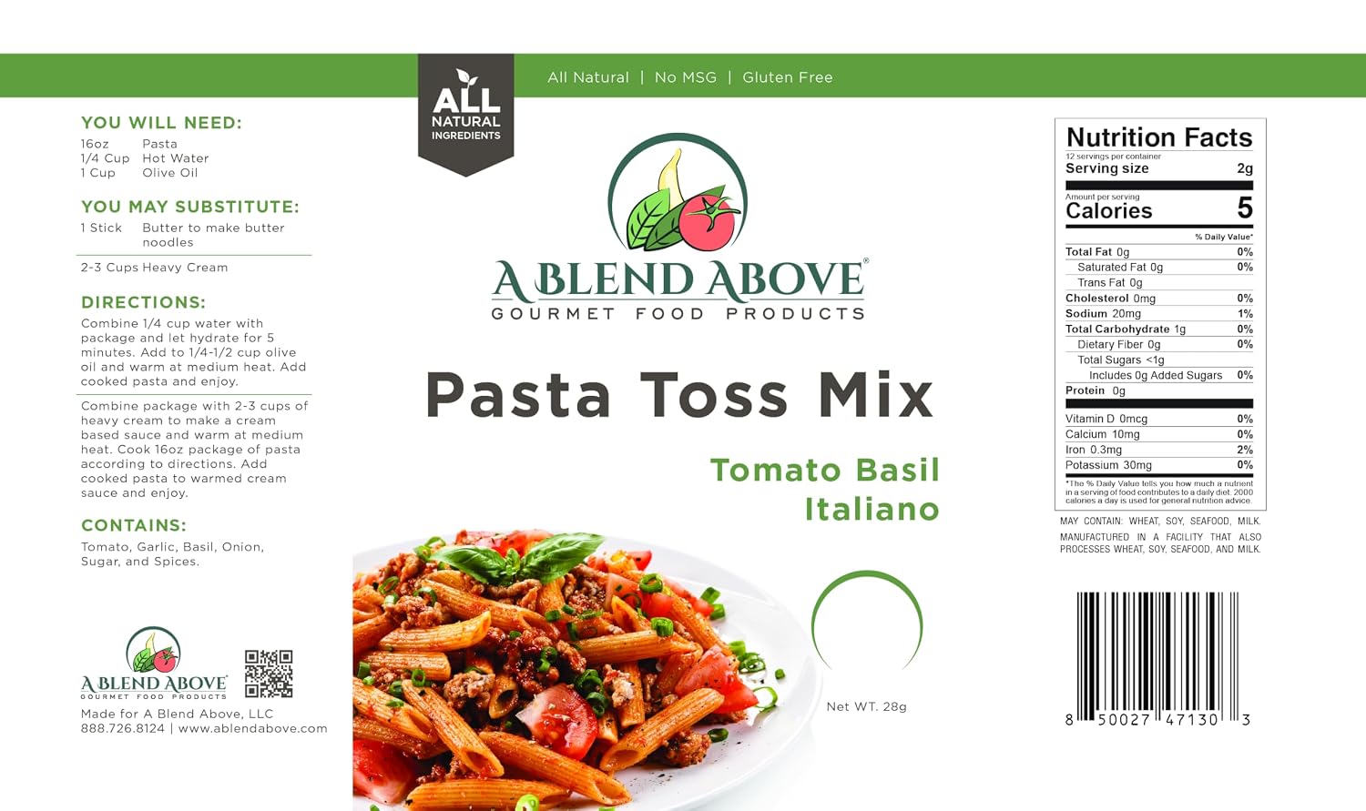 A Blend Above Tomato Basil Italiano Pasta Mix, Noodle Seasoning - (3 Pack) No MSG, Gluten-Free, All Natural, Makes 16 Ounce Pasta, Premium image 2