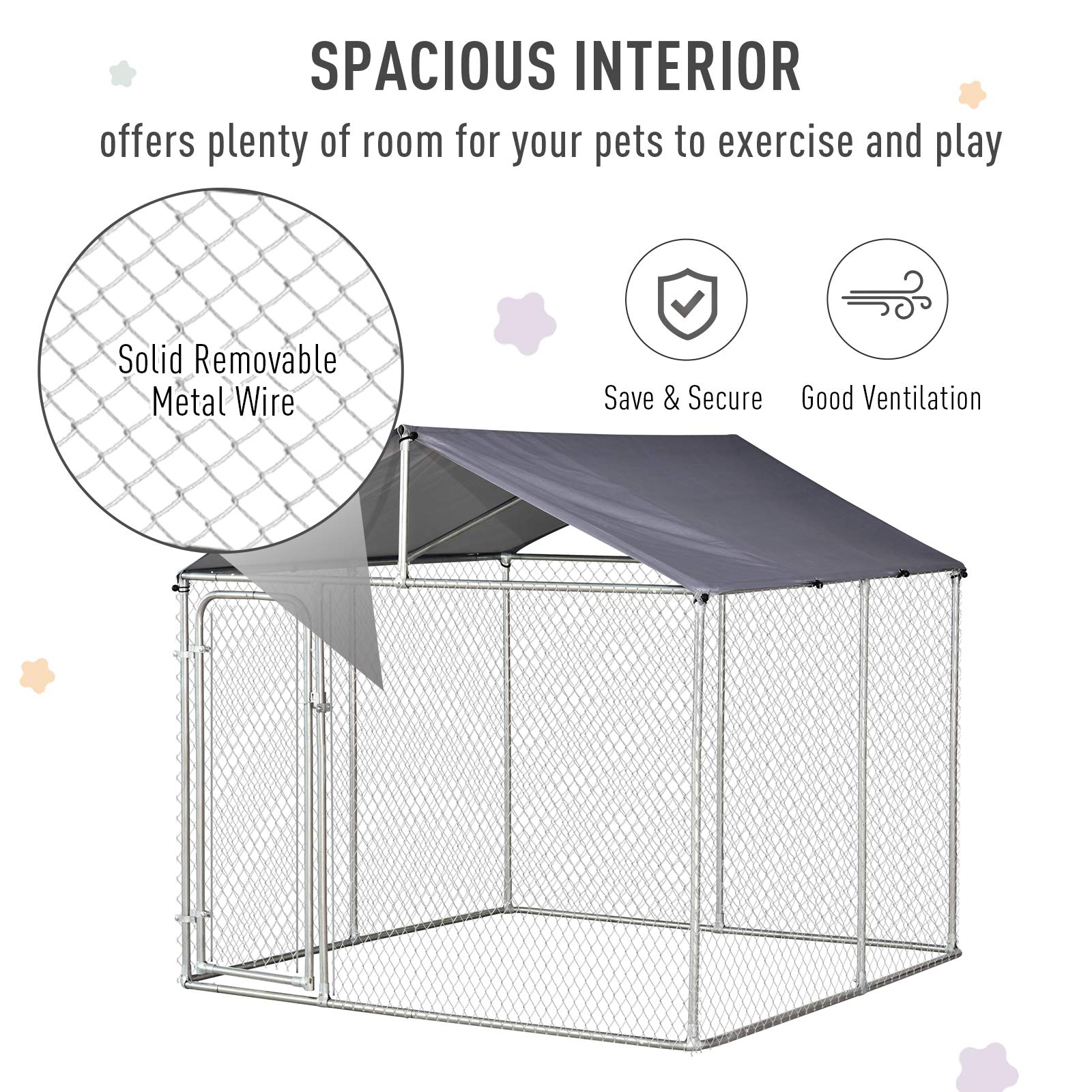 PawHut Outdoor Dog Kennel Galvanized Steel Fence with Cover Secure Lock Mesh Sidewalls for