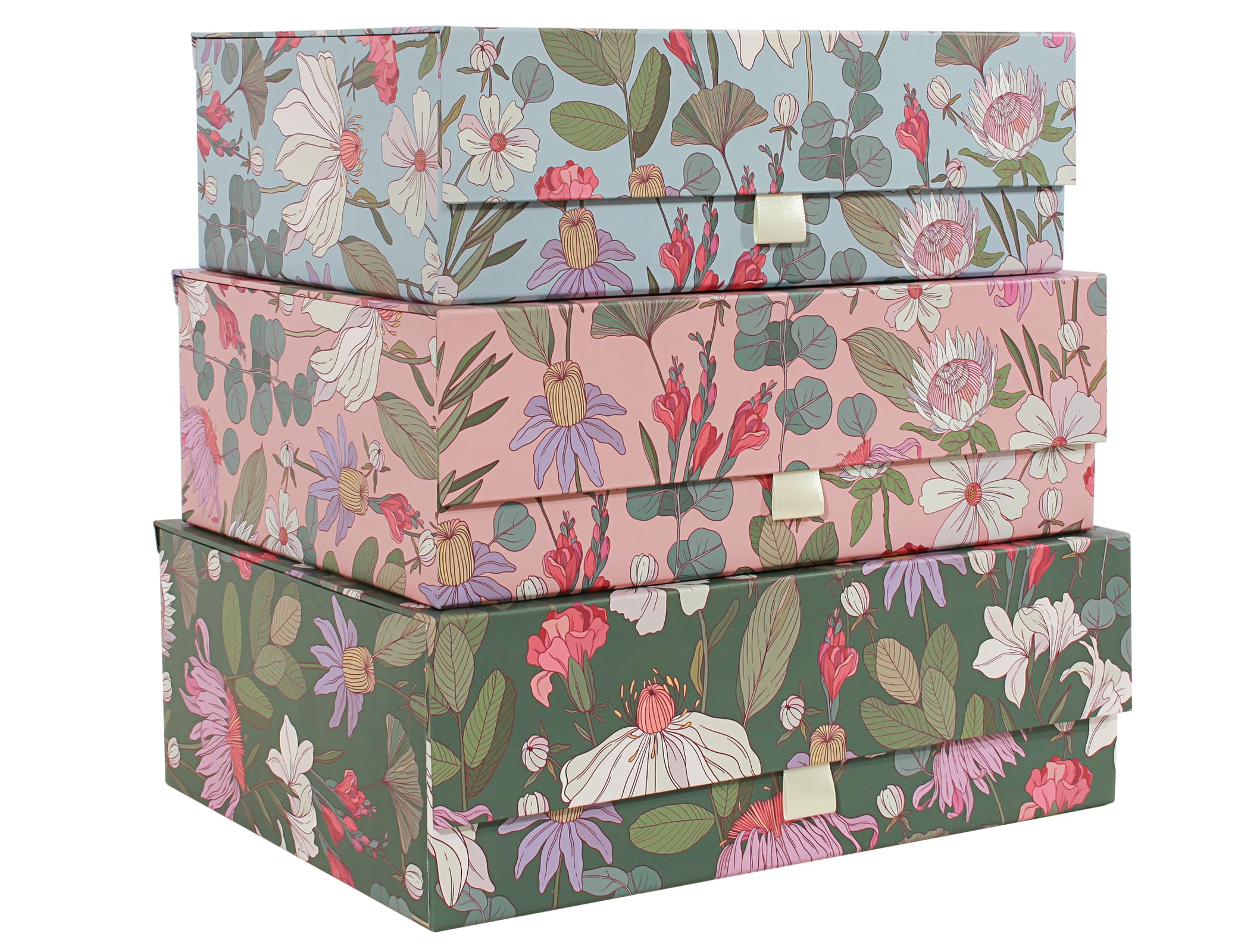 MIZFRUZZY 3-Piece Decorative Storage Boxes with Lids, Magnet and Ribbon, Blue, Green, Pink, Floral, Cardboard Paper Keepsake box Set, Photo Storage