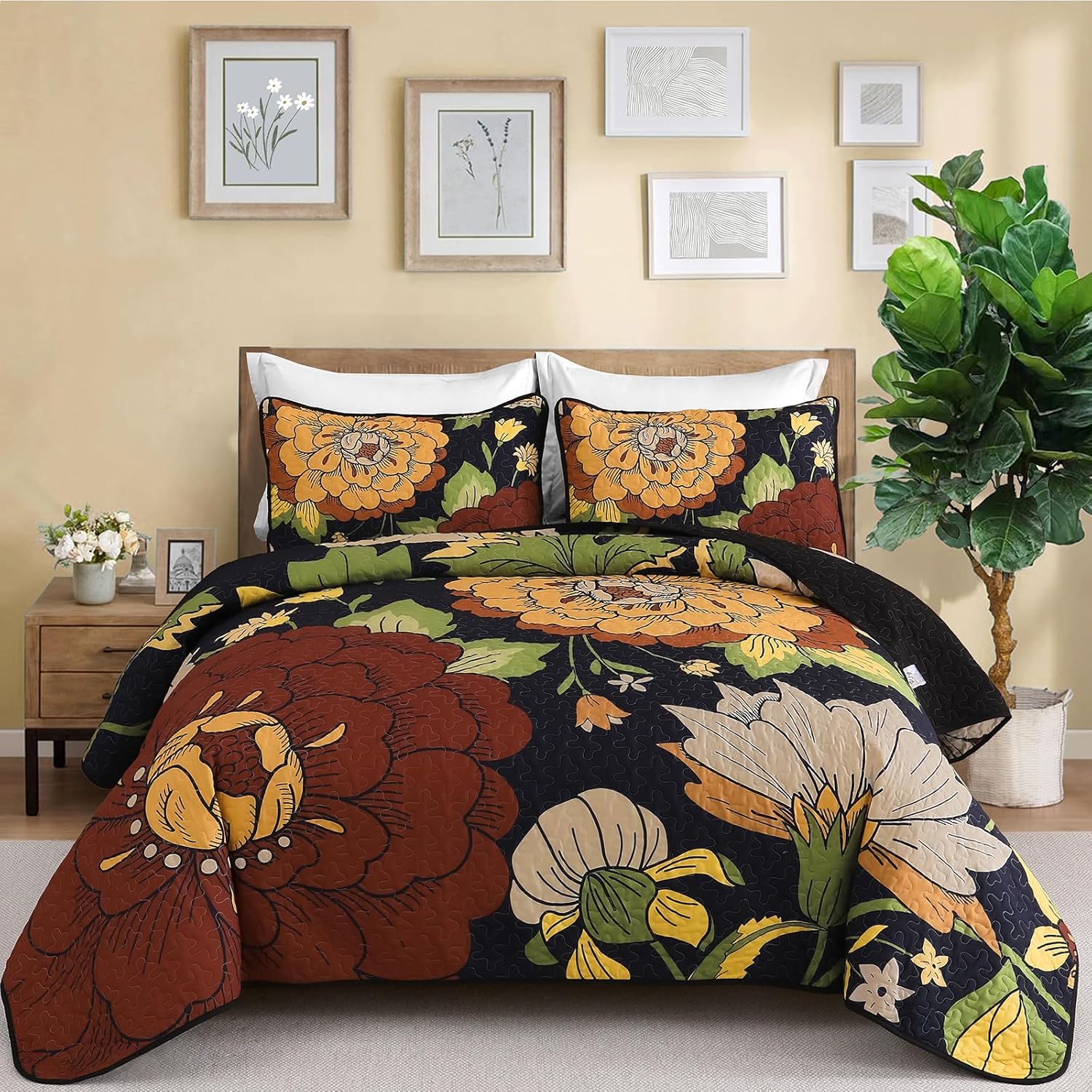 DJY Floral Quilt Set Queen Size Black Boho Bedspread Coverlet Set 3 Pieces, Botanical Quilt Lightweight Microfiber Farmhouse Floral Bohemian Bedding Set with 2 Pillow Shams for All Season (96''x90'')