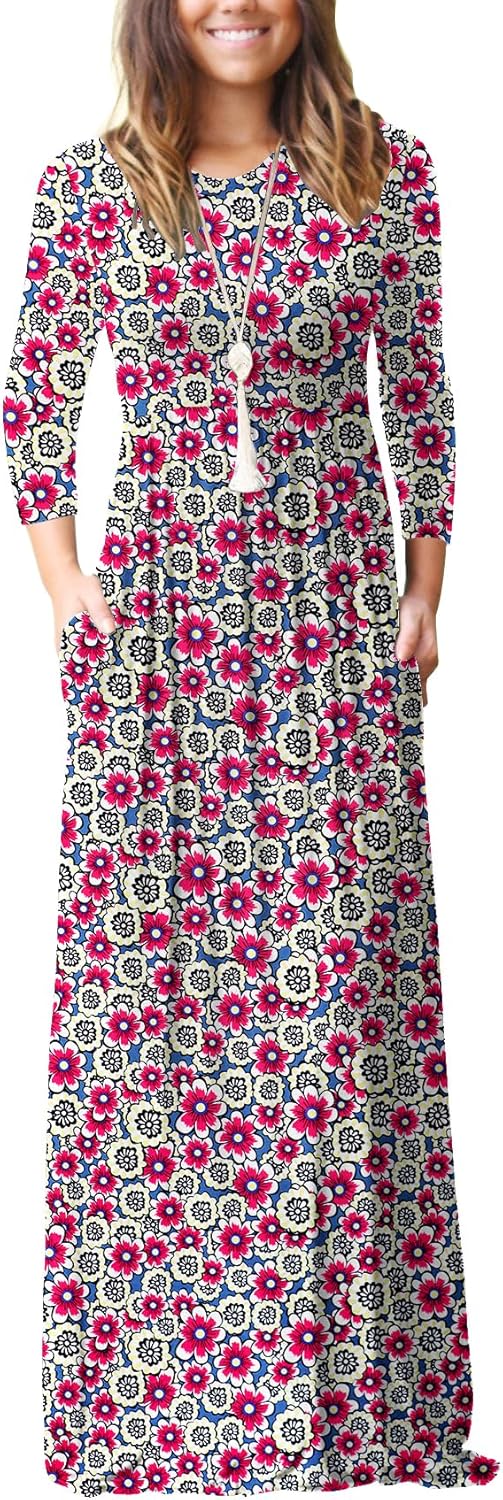 GRECERELLE Women Long Sleeve Casual Round Neck Loose Solid Floral Maxi Long Dress with Pockets, S-3XL
