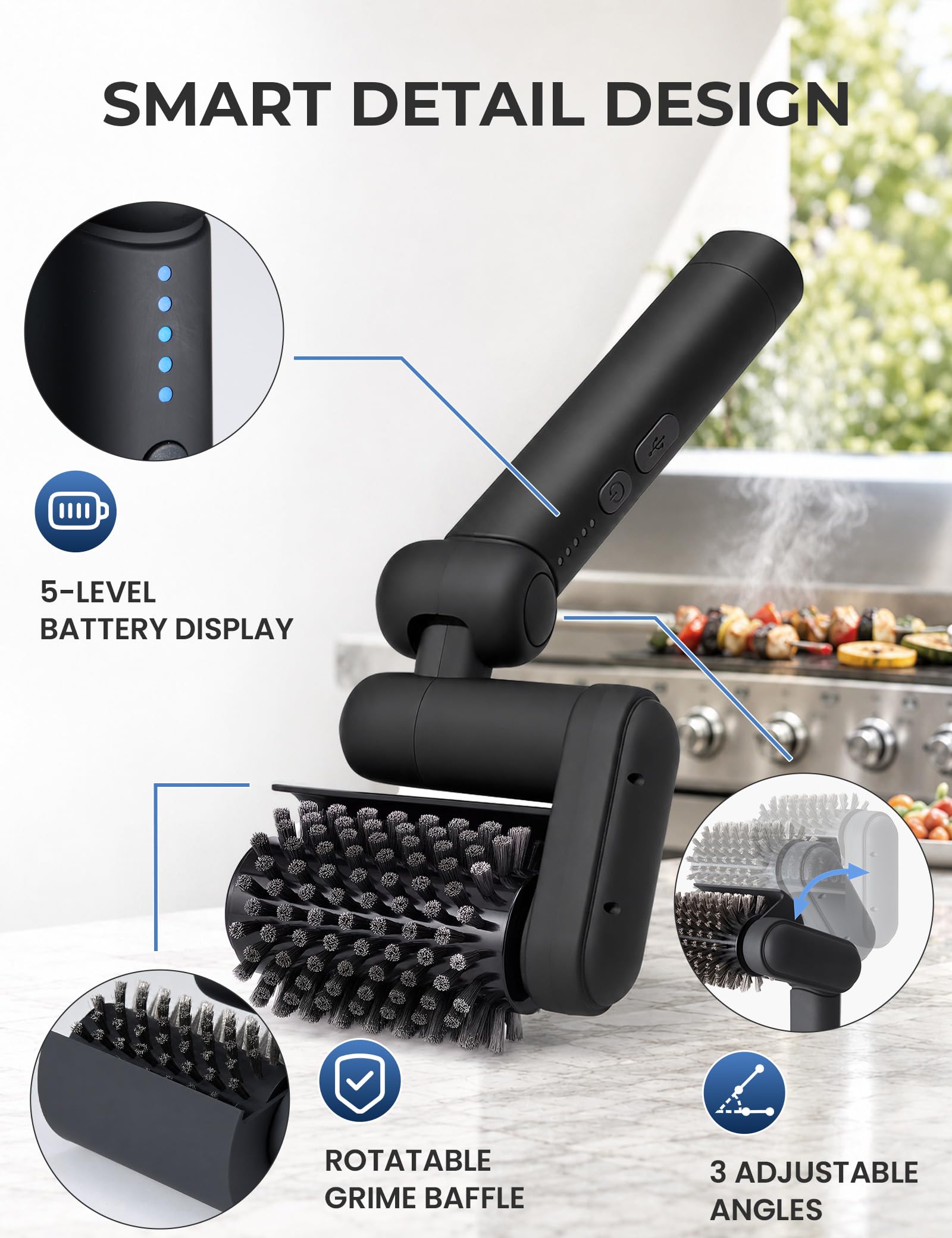 Pulisci Griglia BBQ Elettrico, Pulitore Grille Barbecue con Indicatore Batteria a 5 LED, Testa Regolabile 0/30/60 Gradi e Doppia Velocità 450 Giri/Min, Spazzola BBQ per Ghisa e Acciaio Inox