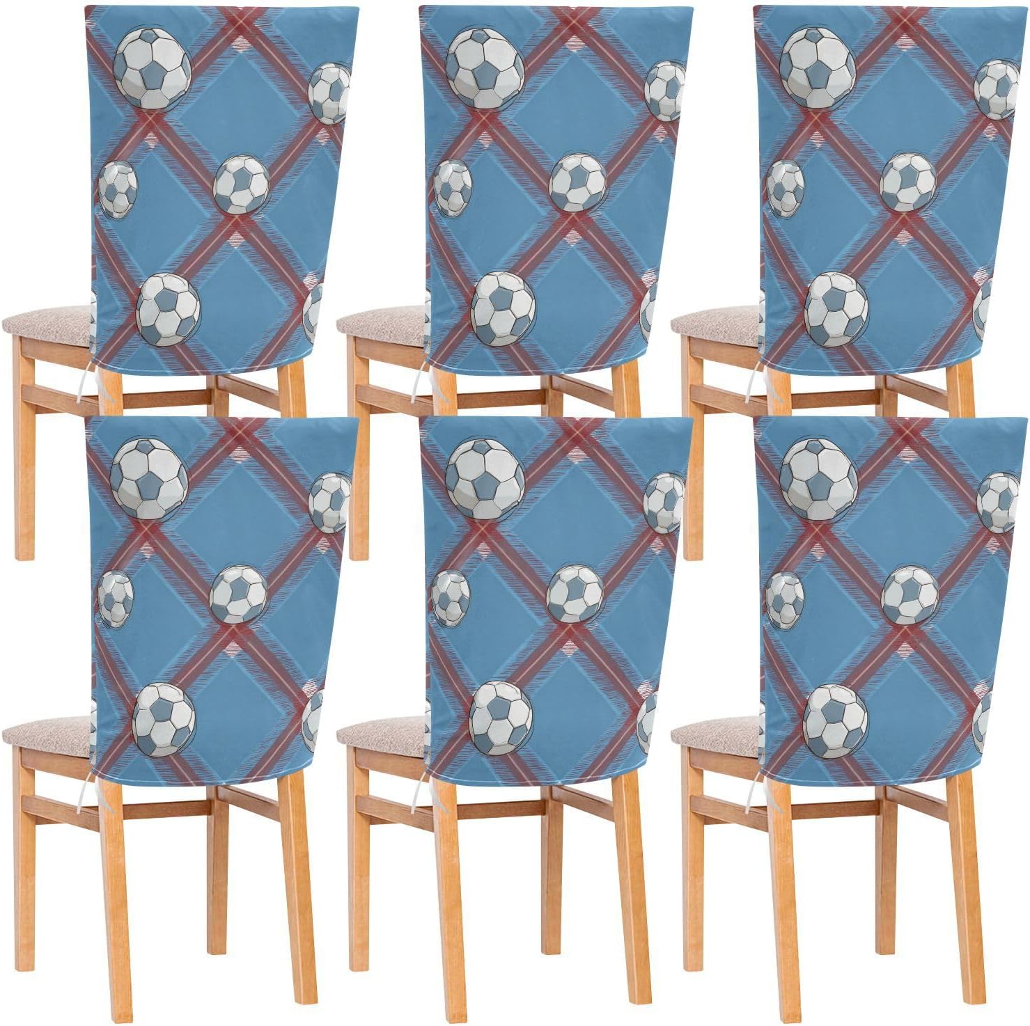 ALAZA Soccer Balls Plaid Chair Back Cover Set of 6, Washable Reusable Removable Chair Slipcovers Decorative Chair Cover for Home Kitchen Wedding Party