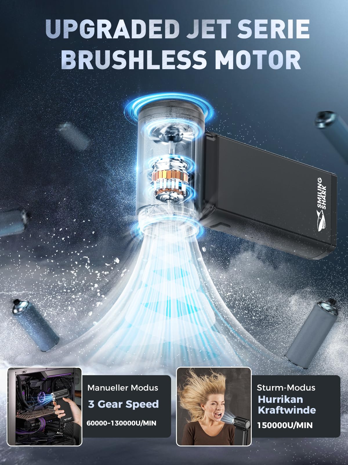 Smiling Shark Elektrische Staubgebläse Luftdruckspray, J02 Superkraft 150000U/Min aus Aluminum Mini-Gebläse mit 2 Modi (Normal&Sturm) und 8000mAh Akku für PC Reinigung/Tastatur/Haus/Auto, (Schwarz)