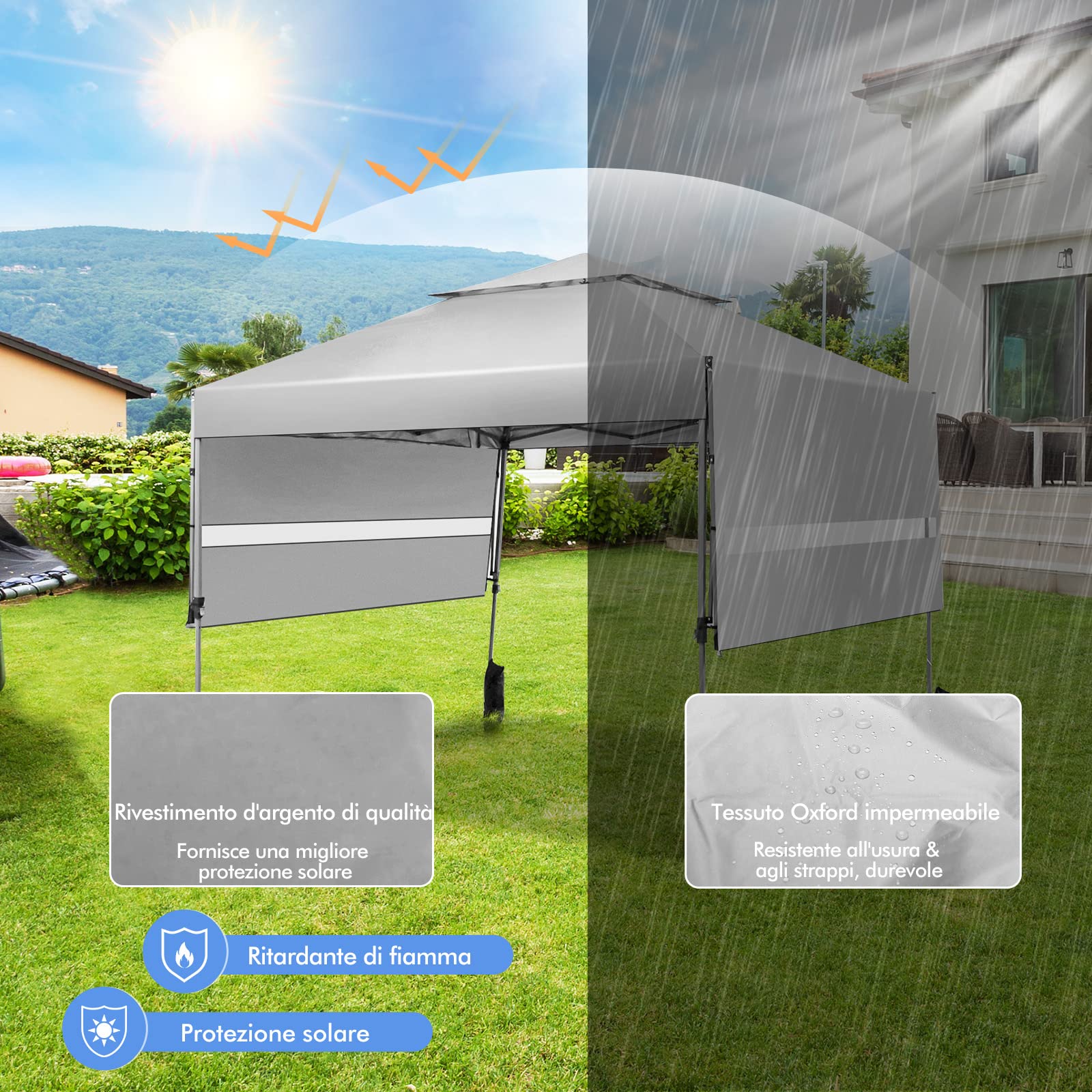 COSTWAY Gazebo Pieghevole da Giardino 3 x 3 m, Gazebo da Esterno con Design a Doppia Tenda, Design Pop Up e 4 Sacchetti di sabbia, Altezza Regolabile, Ideale per Feste, Giardino e Spiaggia (Bianco)
