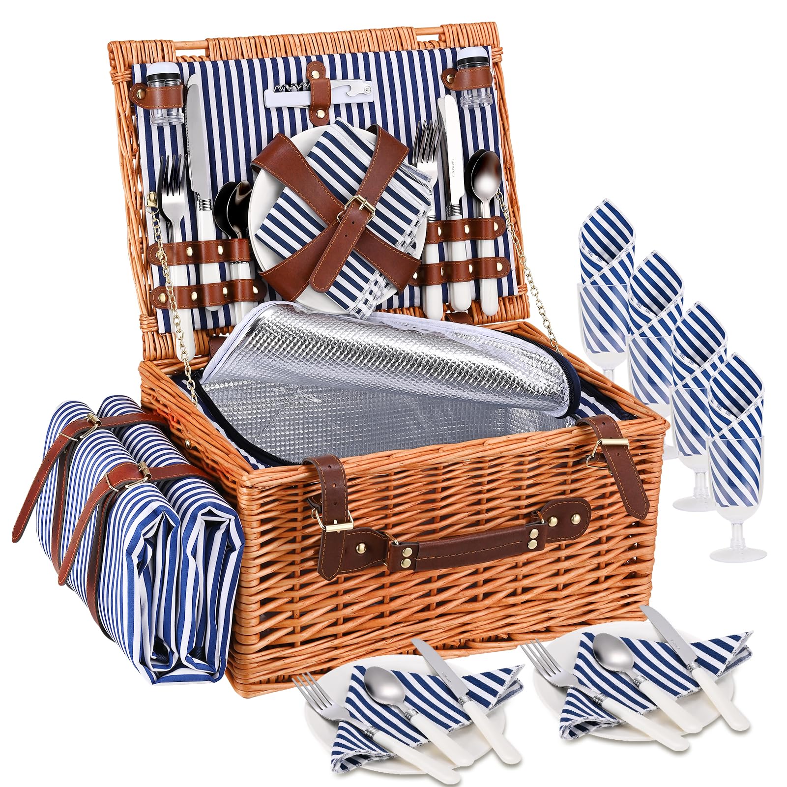 Cestino da Picnic in Vimini per 4 Persone, Cesto Picnic con Scomparto Termico, Coperta Impermeabile, Piatti, Bicchieri, Posate, per Campeggio, Festa all'Aperto, Spiaggia, Escursioni, Blu