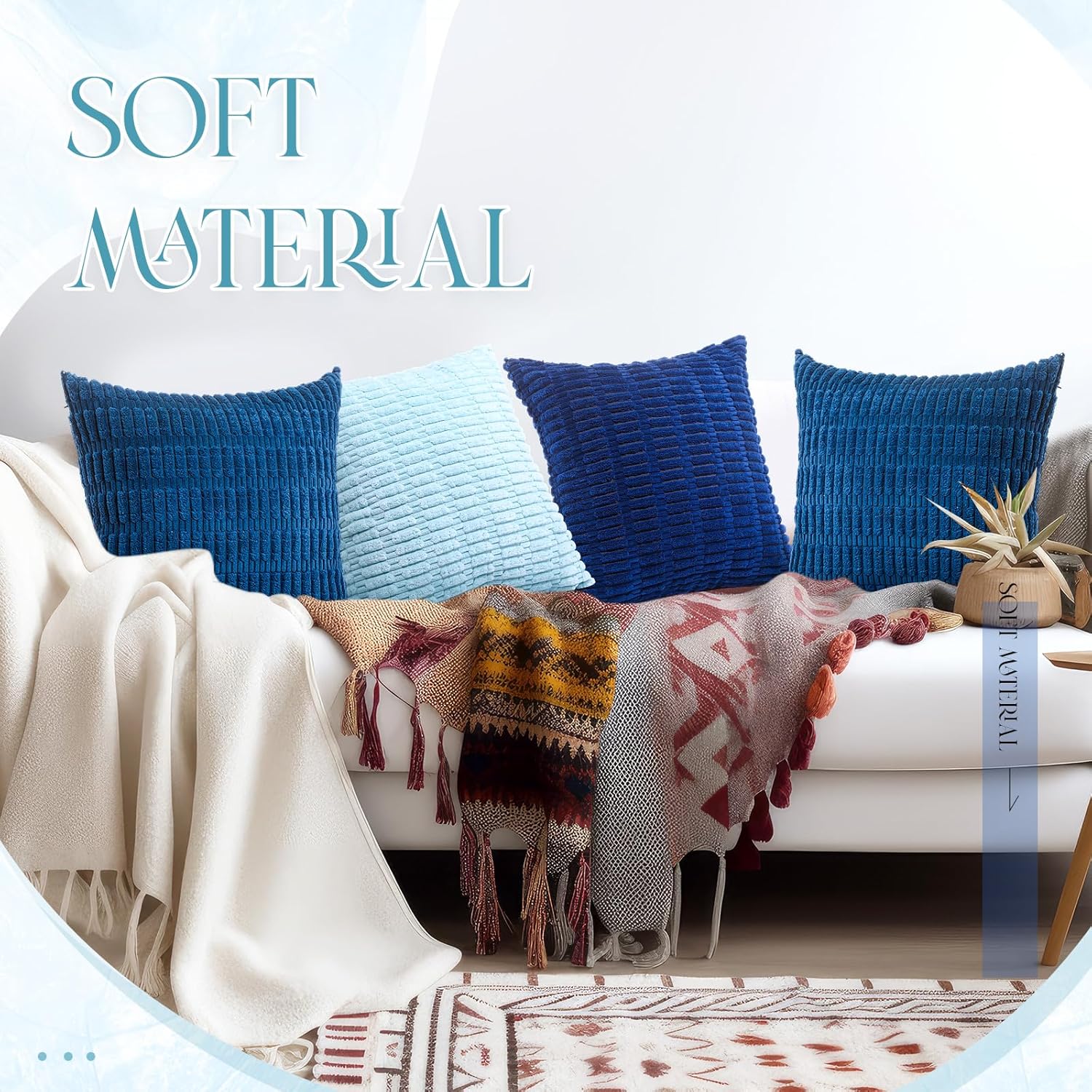Mixweer 6 Pcs Corduroy Pillow Covers 18x18 Inch Plush Throw Pillow Covers Decor Decorative Fluffy Striped Couch Cushion Case for Sofa Couch Bedroom Living Room Party(Blue)