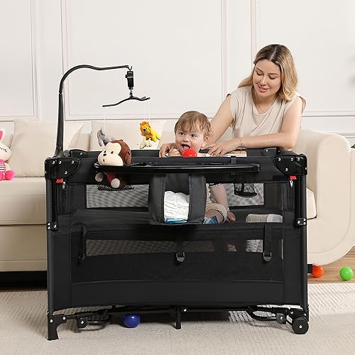 Miniatura 9 de Corral 5 en 1 Pack and Play, Moisés Portátil de Viaje para Bebé, Corral de Juegos Plegable de Viaje para Niños Pequeños, Cuna Lateral, Mesa Oro