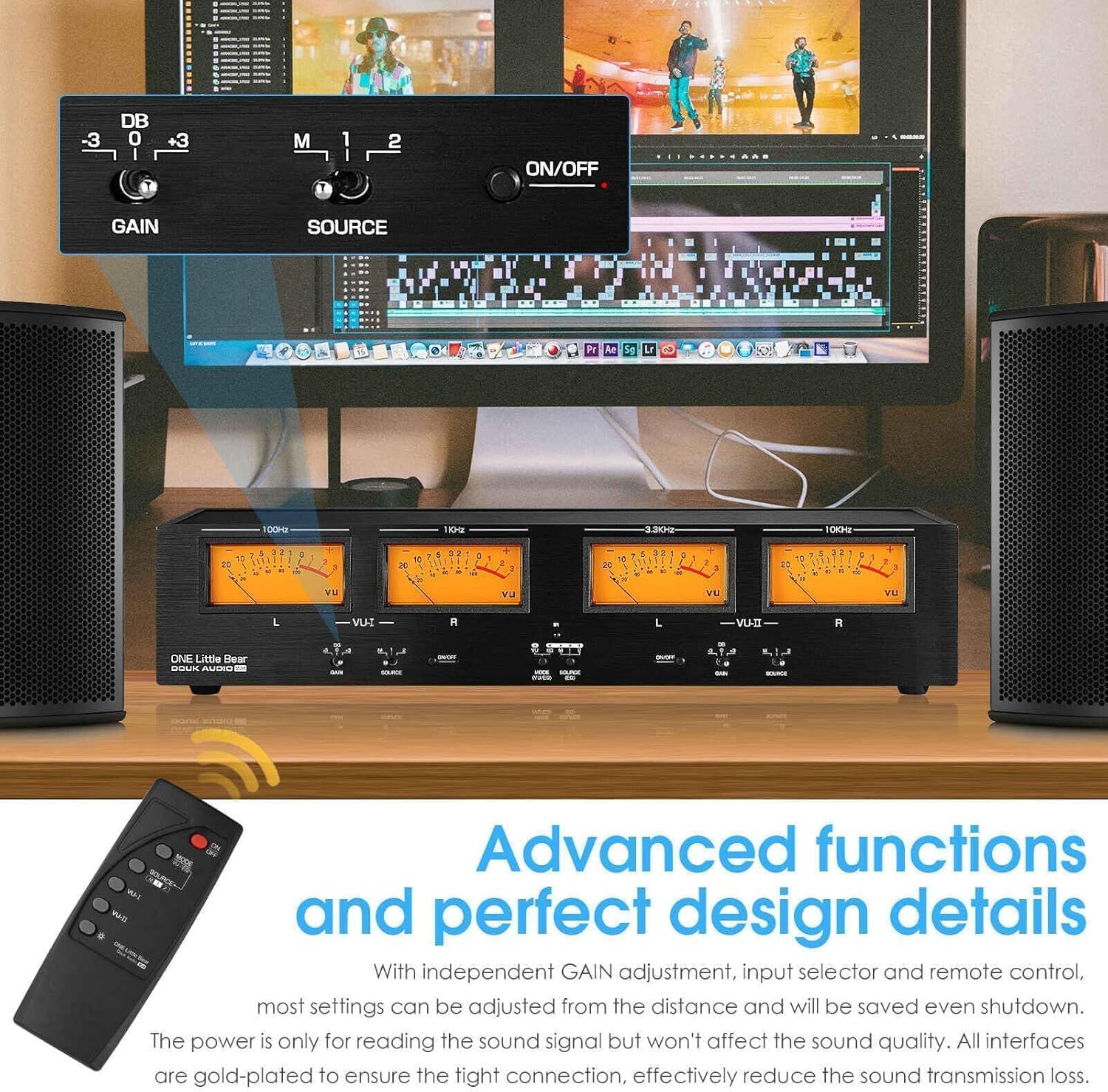 Analoges 4-Kanal-VU-Meter mit Audio-Umschalter, Spektrumanalysator und Rhythmuslicht, dB-Anzeige, Fernbedienung, EQ- und VU-Modi, Einstellbarer Hintergrundbeleuchtung für Musikstudios