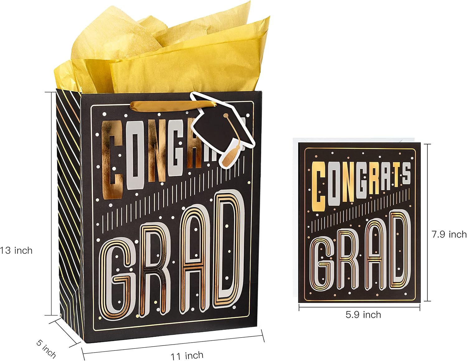 MAYPLUSS 13" Large Gift Bag with Greeting Card and Tissue Paper for Graduation - Black Gold Design - Image 6