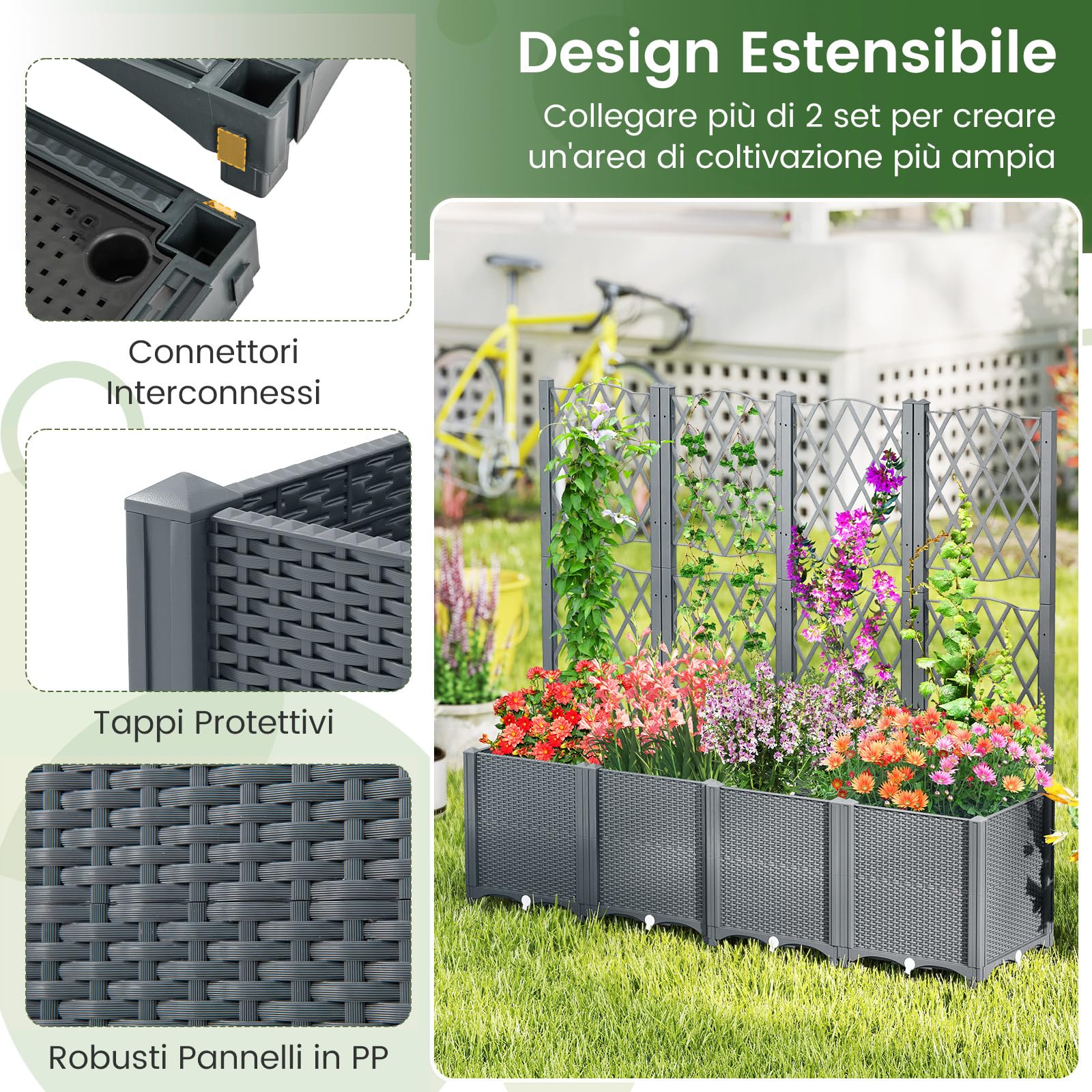 COSTWAY Letto da Giardino Elevato con Trellis a Lattice, Fioriera Autoinnaffiata per Piante Rampicanti, Fiori e Verdure, Fioriera Verticale da Interni e Esterni (Grigio,80 x 40 x 140 cm)