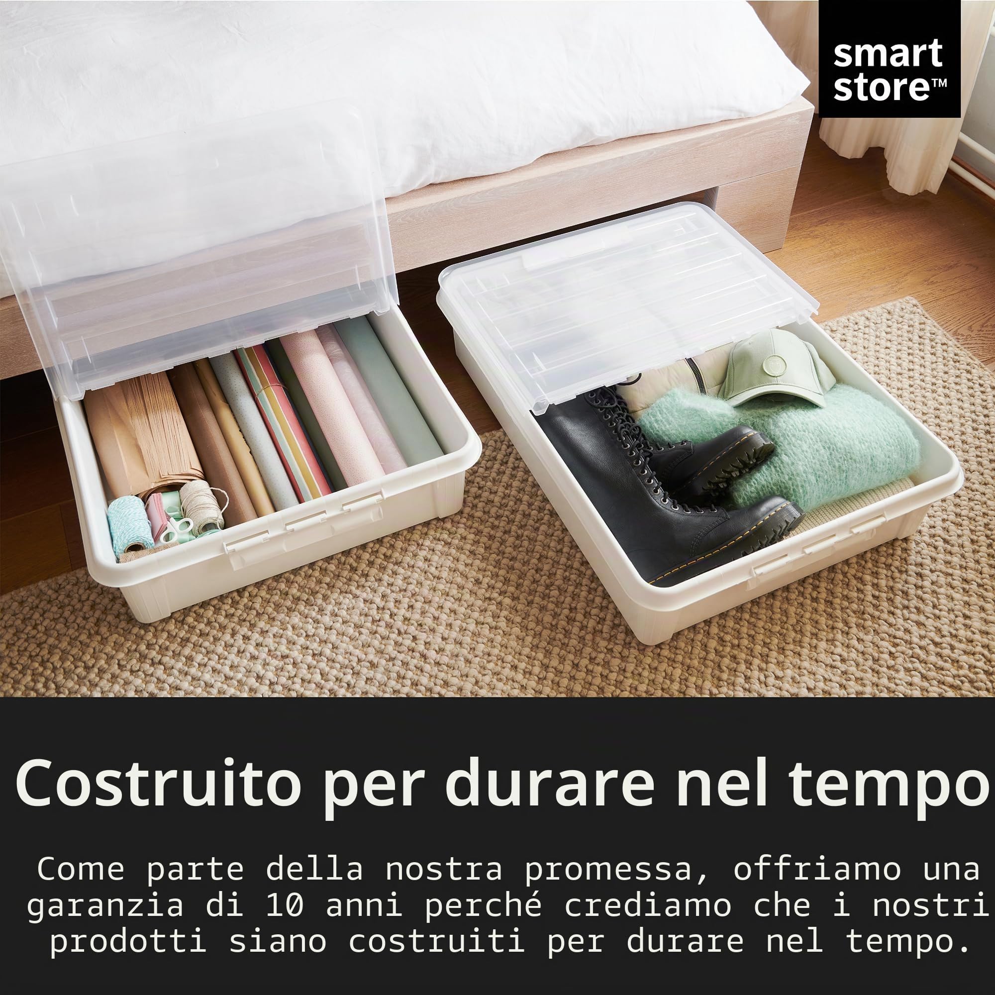SmartStore Grande scatola portaoggetti da mettere sotto il letto, con coperchio e ruote, 60 l, coperchio pieghevole trasparente, clip resistenti, in plastica riciclata, 79 x 59 x 18,5 cm