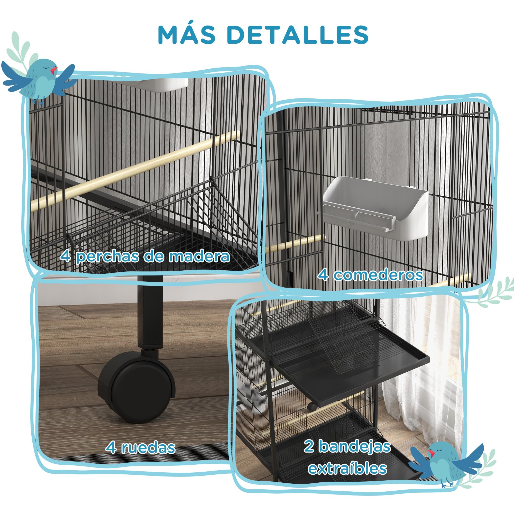 PawHut Jaula para Pájaros Grande de 2 Pisos Convertible en Sola Pajarera con Ruedas 4 Comederos 4 Perchas y Bandejas Extraíbles para Canarios Loros 78x75x168 cm Negro