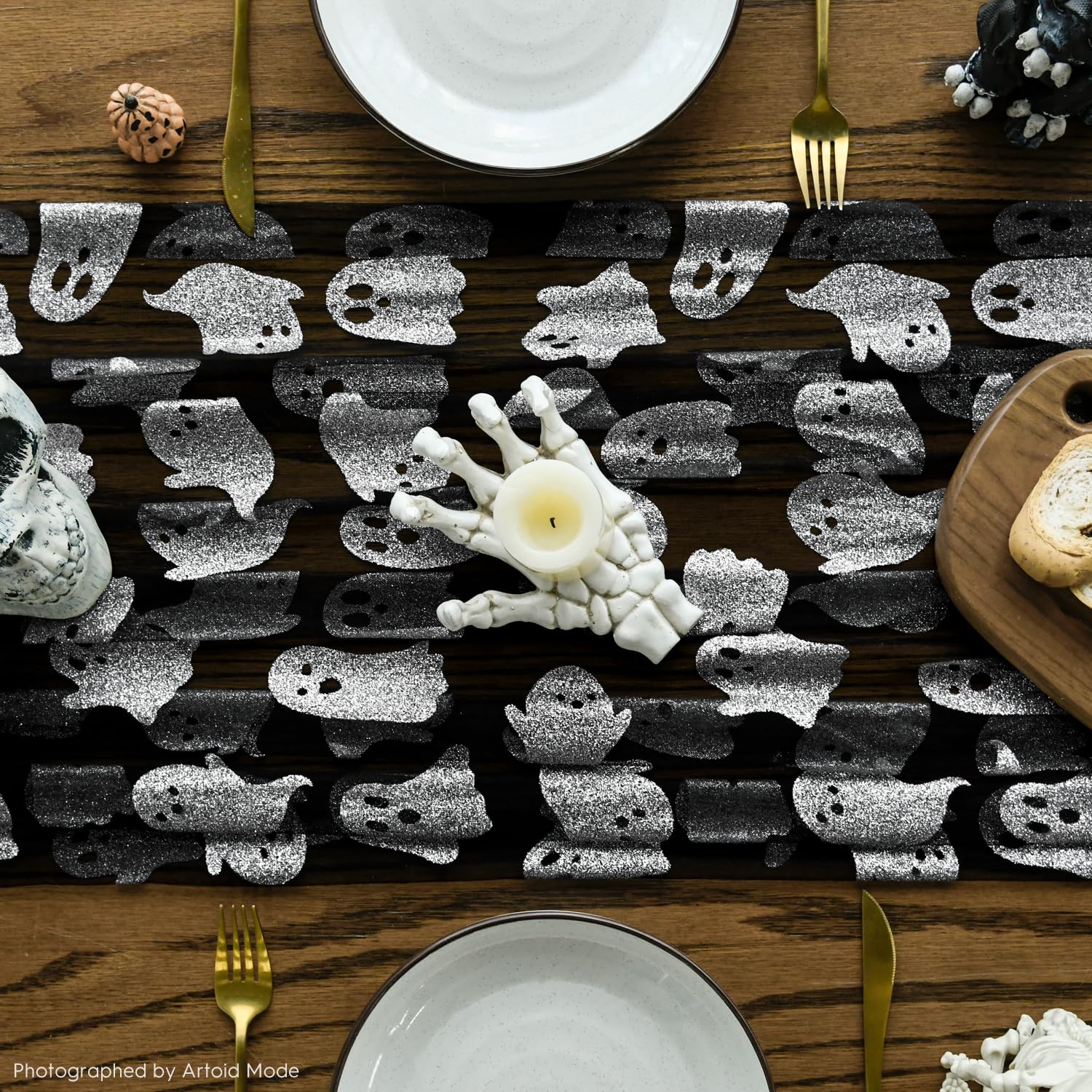 Chemin De Table Tulle Noir Et Argent 70x300cm - Motif Toile D'araignée - Décoration Fête, Halloween, Mariage