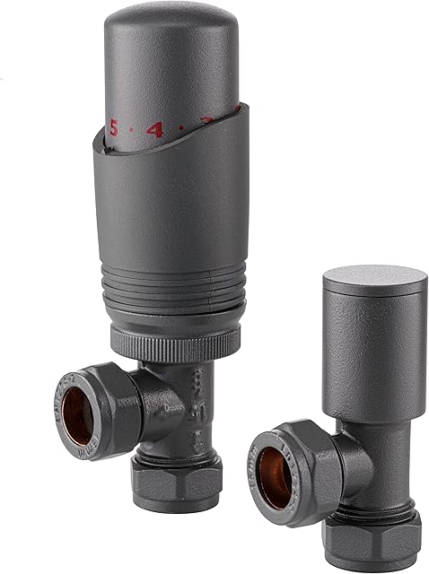 Sandy Beach Anthracite TRV Thermostatic 15mm Angled Straight Radiator Valve with Lockshield Valve