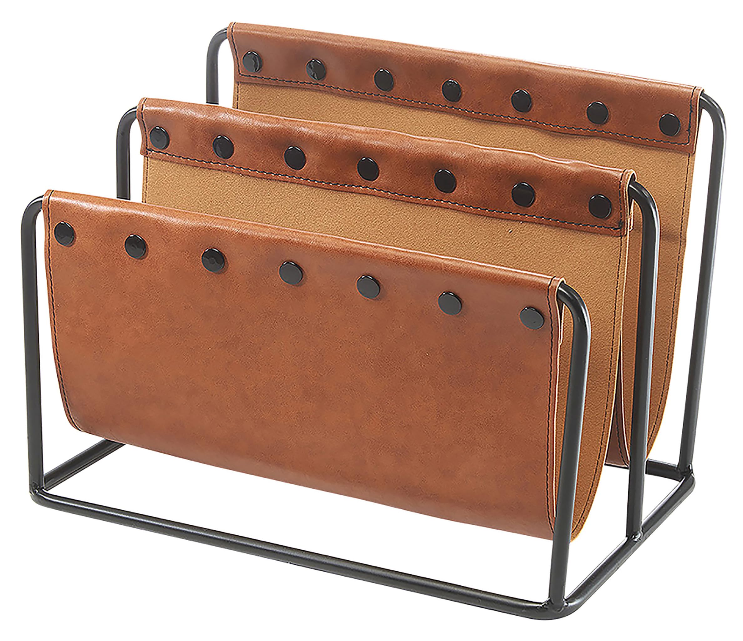 Kobolo Zeitungsständer aus Metall und Kunstleder braun mit Zwei Fächern 38x25x27cm