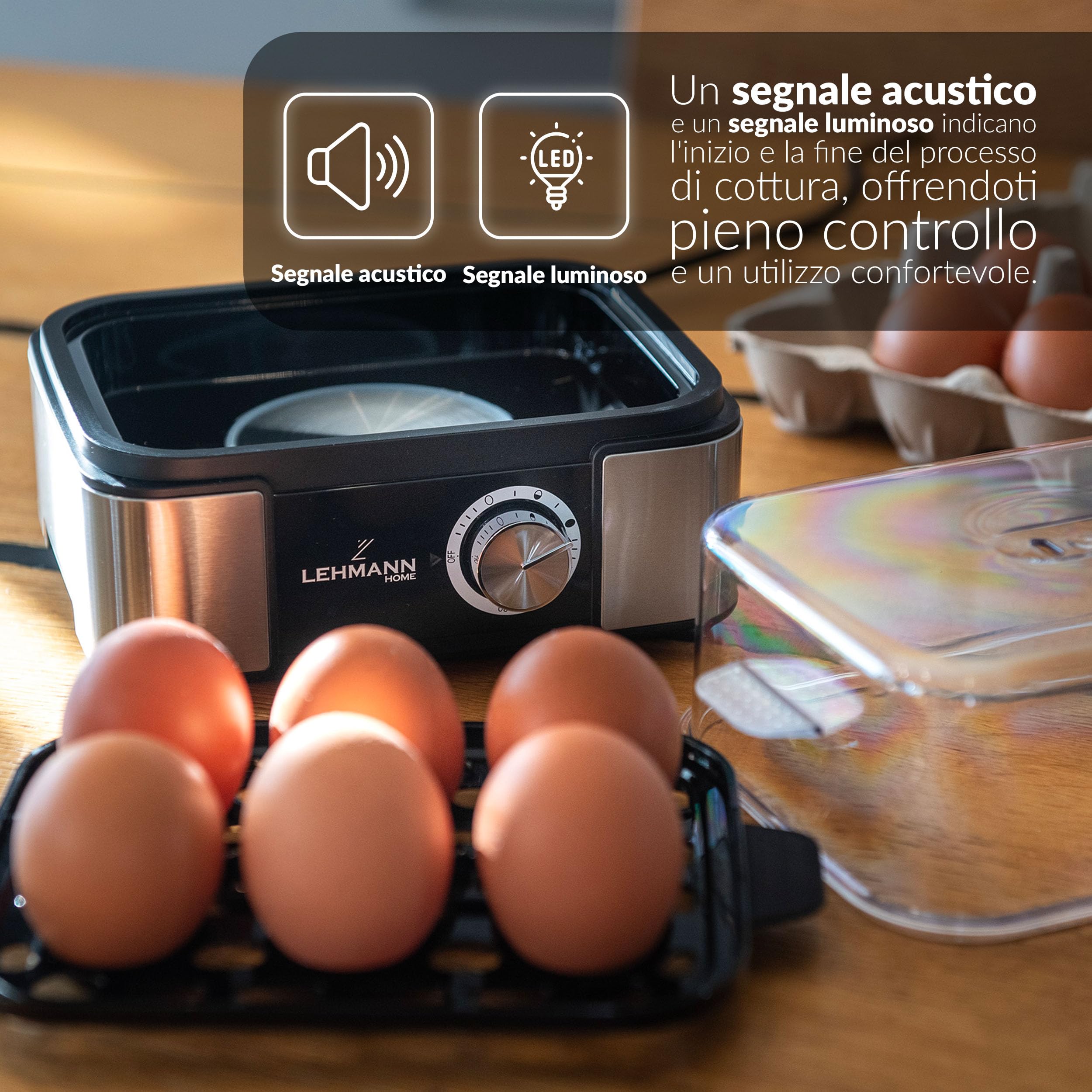 LEHMANN Cuociuova Elettrico per 6 Uova – Segnale Sonoro e Luminoso – Regolazione del Grado - Cuoci Uova Perfette grazie 5 programmi - Acciaio Inox - incl. Misurino per l’acqua con Perfora-uova