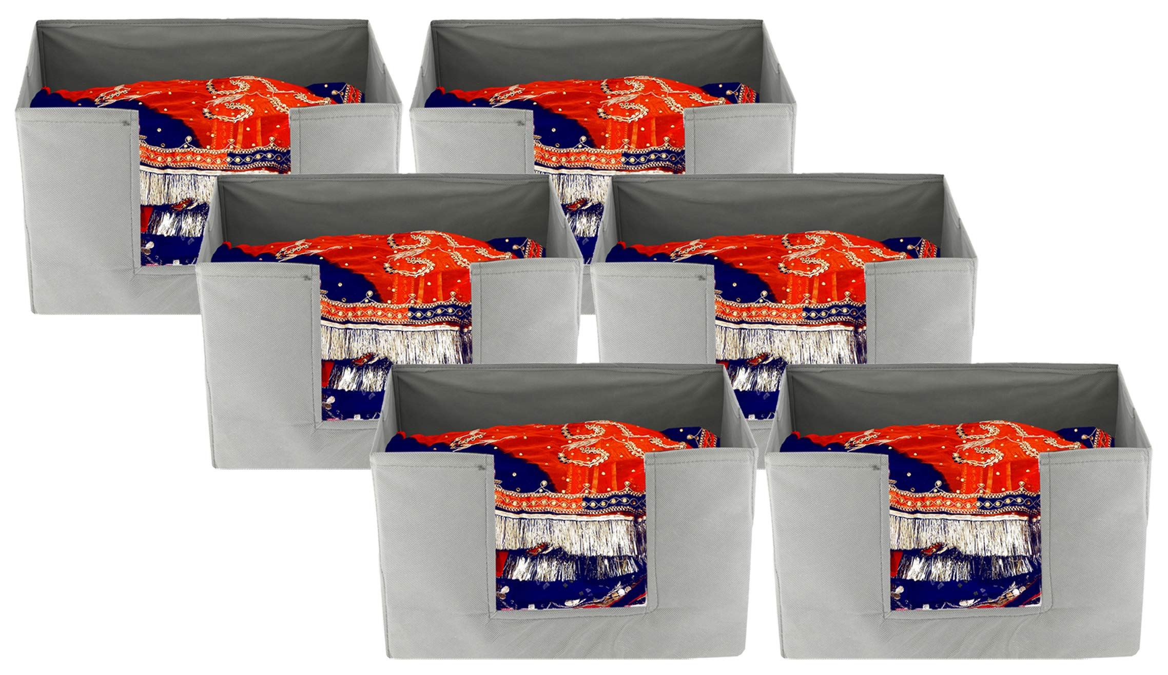 Kuber Industries 6 Pieces Large Capacity Space Saver Closet, Stackable and Foldable Saree, Clothes Organiser For Wardrobe, Non-Woven Rectangle Cloth Saree Stacker Wardrobe Organizer (Grey) -CTLTC39114