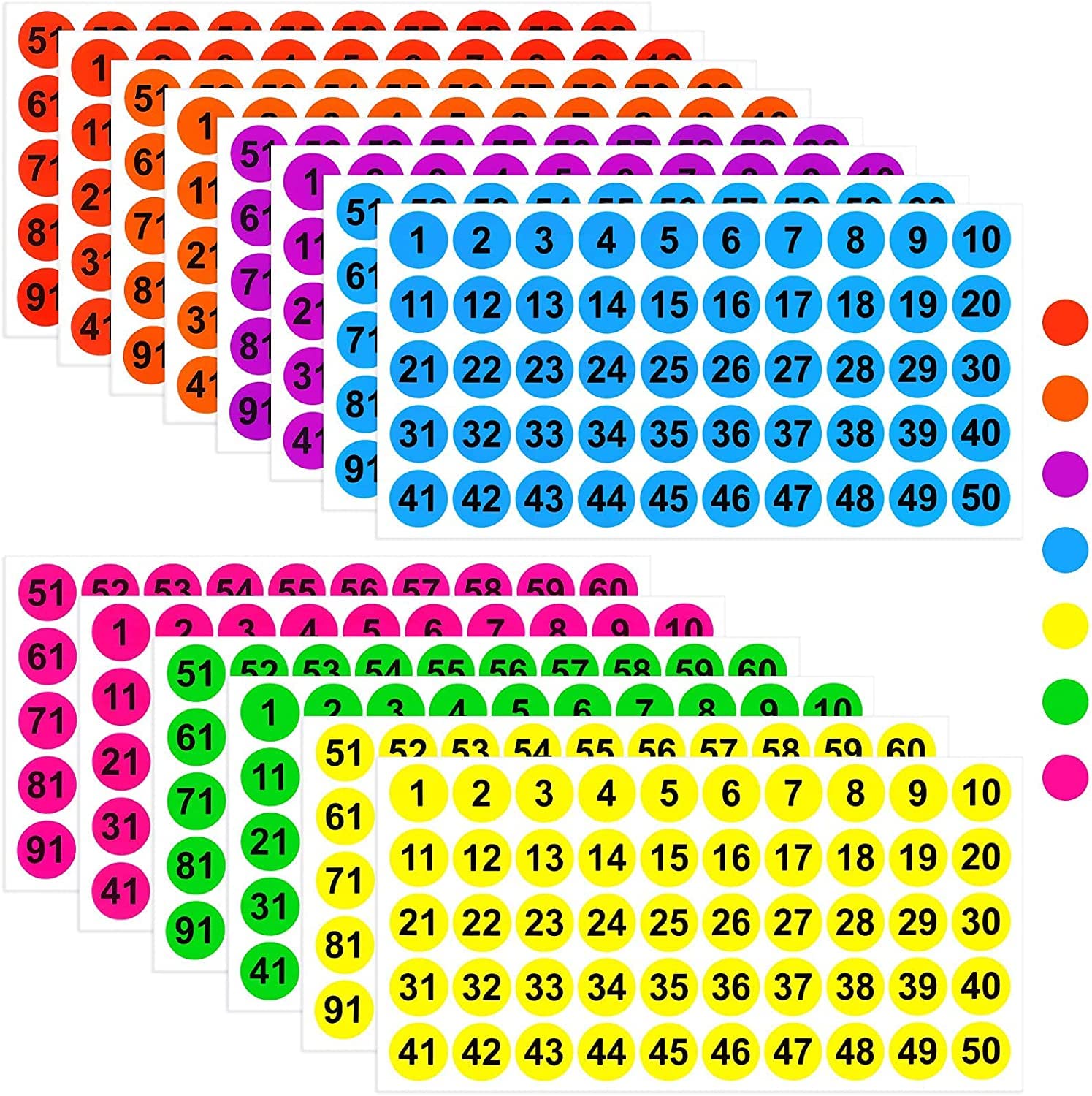 SYOSI Sequential Number Stickers, 14 Sheets, 1-100 Round Coloured Labels, 1" Self-Adhesive Vinyl Number Stickers for School, Office, Classroom, Inventory, Storage, Container, 7