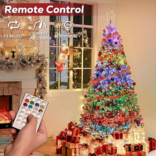 Miniatura 3 de Hykolity Árbol de Navidad preiluminado de 6.5 pies, pino artificial de Navidad con 250 luces LED multicolor, 1032 puntas, soporte de metal y ramas
