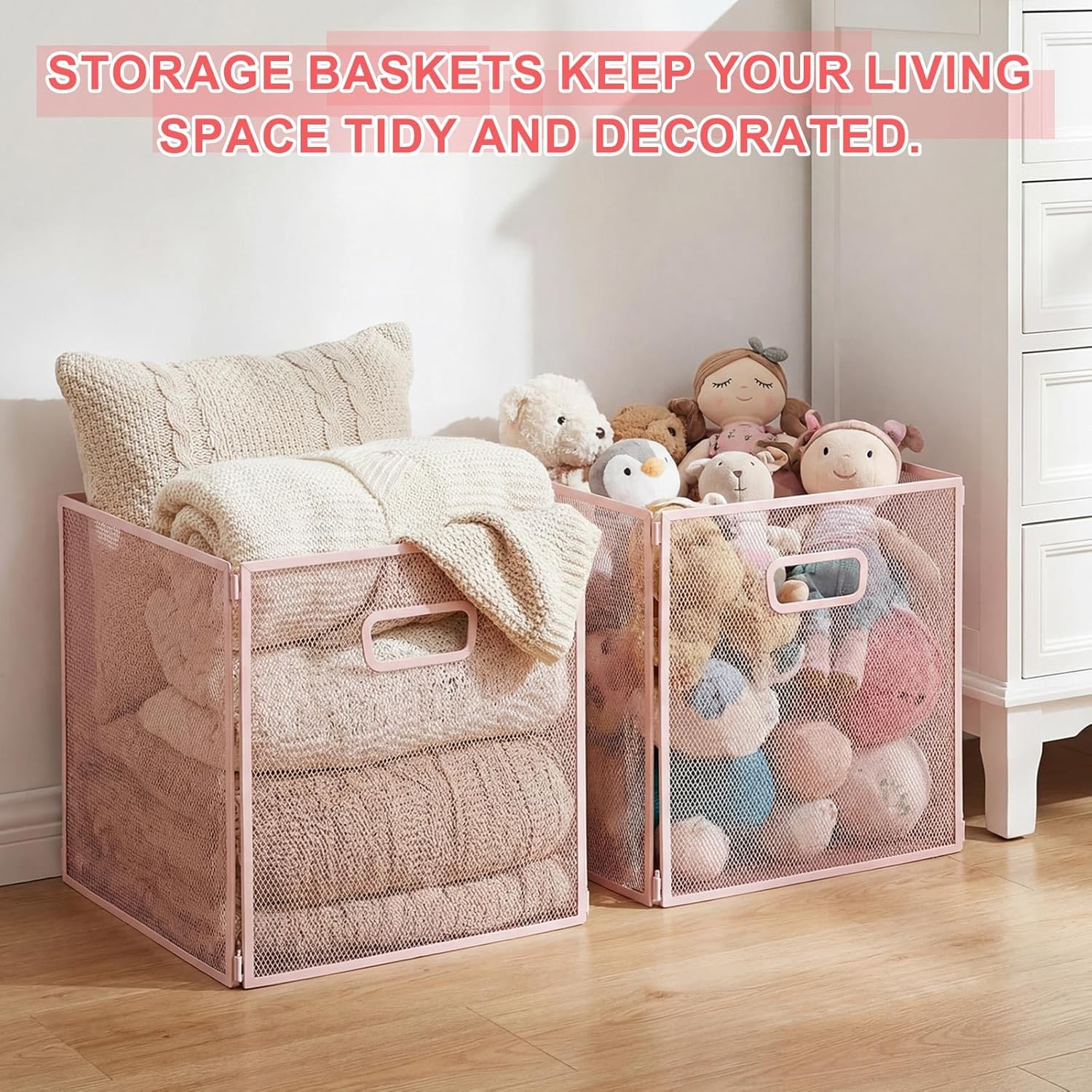 2 Pcs Foldable Foldable Metal Wire Basket 13 x 13 Inch Pink Cube Storage Bins Stackable Wire Laundry Baskets Organizer with Handle for Shelves Kitchen Pantry Cabinet File Graduation Gift
