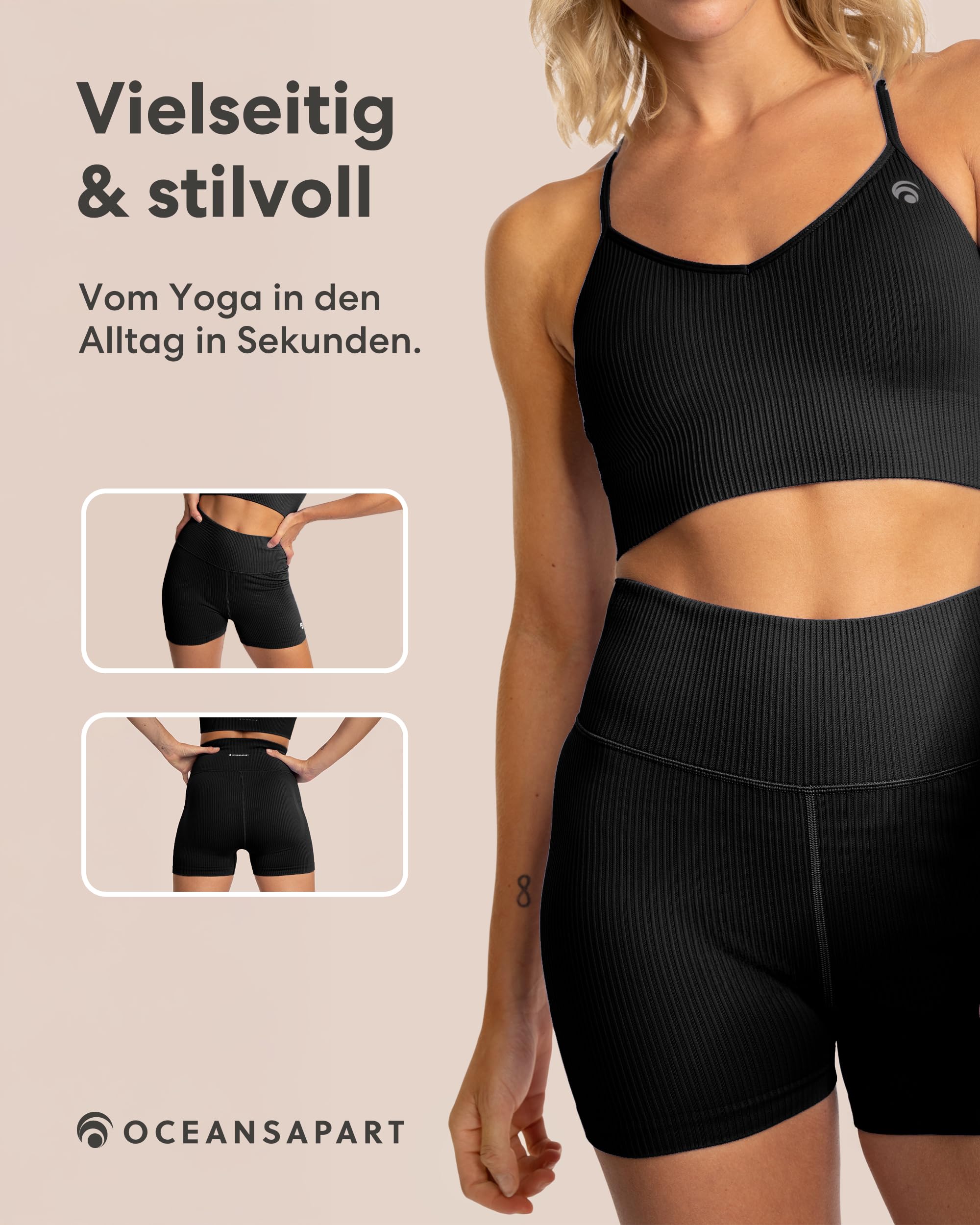 OCEANSAPART Maya Hotpant Kurze Sporthose Damen High Waist Gerippt - Radlerhose recyceltes Polyamid - Squadproof & Blickdicht - Gym Shorts Damen für Yoga, Pilates & Fitness - Gr. XS-XXL