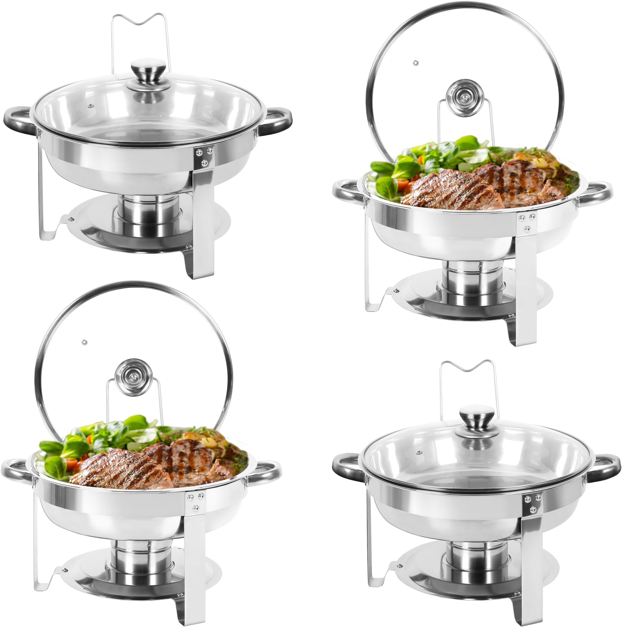 IMACONE Chafing Dish Buffet Set of 4, 5QT Round Stainless Steel Chafer for Catering, Upgraded Chafers and Buffet Warmer Sets with Glass Lid & Holder, Frame, Fuel Holder for Event Party Wedding Holiday