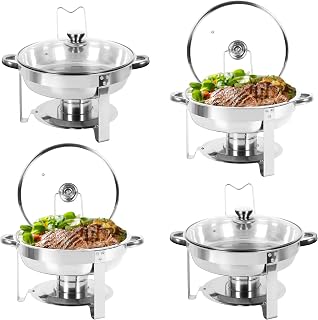 IMACONE Chafing Dish Buffet Set of 4, 5QT Round Stainless Steel Chafer for Catering, Upgraded Chafers and Buffet Warmer Sets with Glass Lid & Holder, Frame, Fuel Holder for Event Party Wedding Holiday