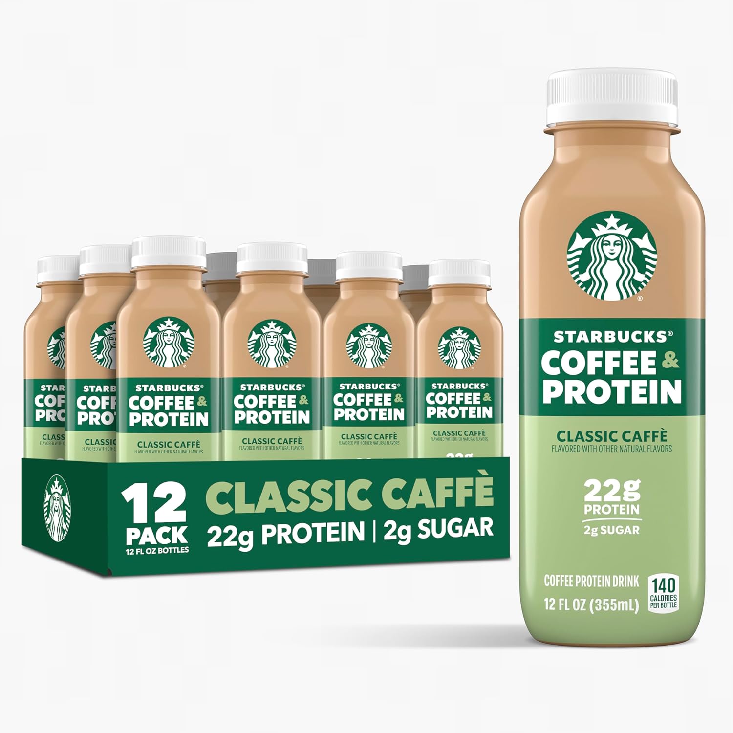 Starbucks Coffee & Protein, Classic Caffe, 12 fl oz Bottles, (12 Pack), 22g Protein, 2g Sugar, No Added Sugar, 5g Prebiotic Fiber, High Protein Iced Coffee