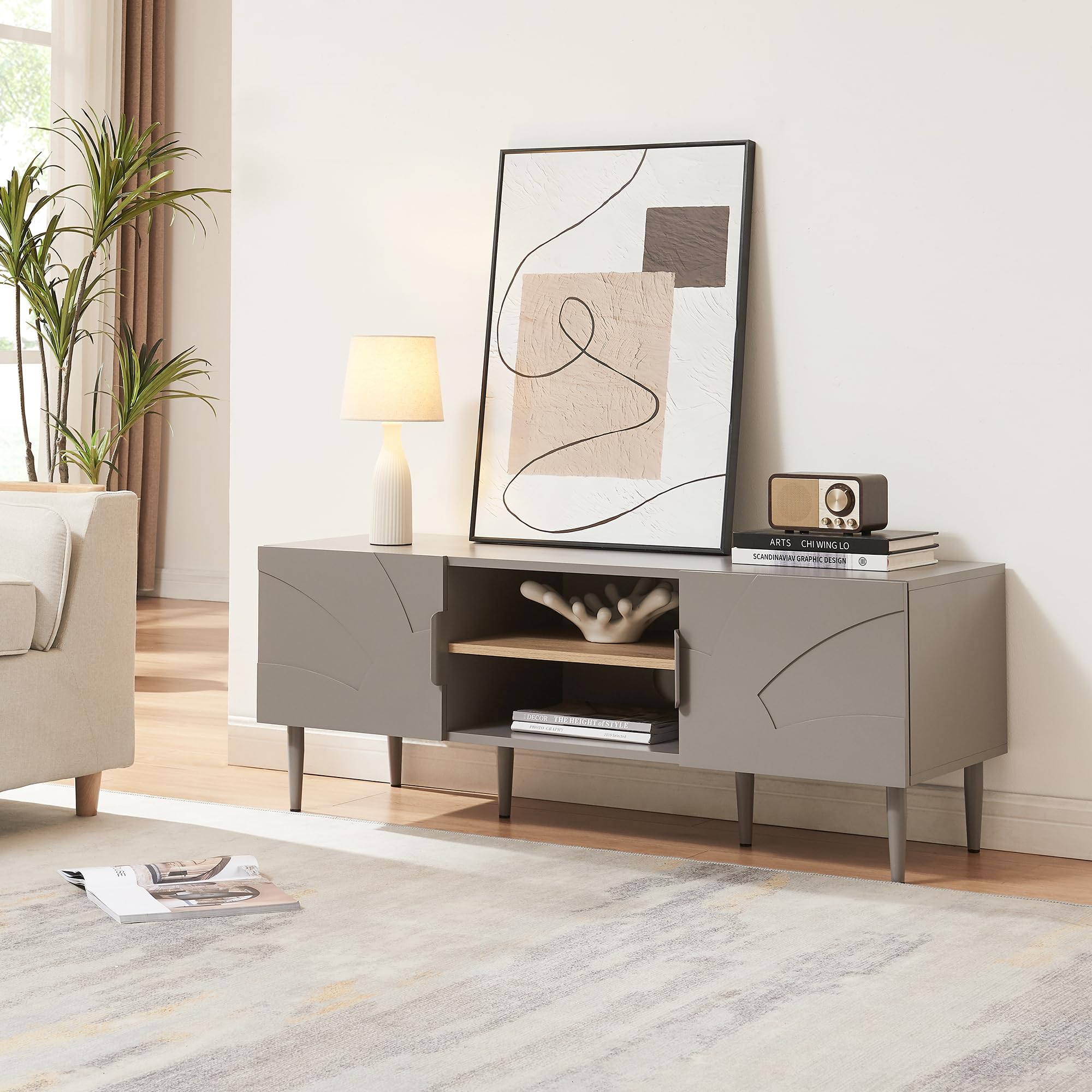 [en.casa] Mueble de TV Starvili con 2 Compartimentos Abiertos y 2 Cerrados Mesa de TV Mueble de Salón con Tablero Rectangular y Pasacables Aglomerado MDF 120 x 40 x 45 cm - Gris