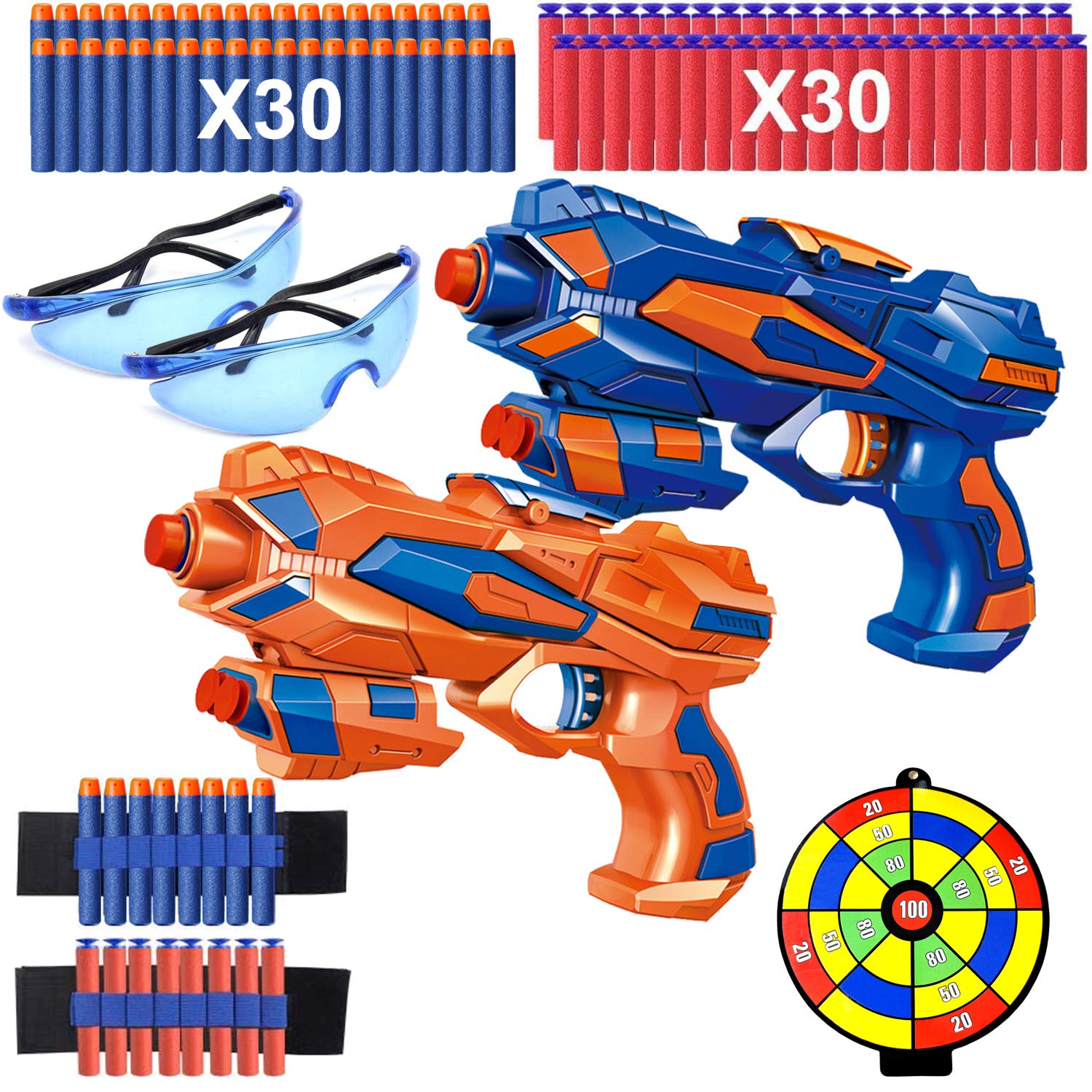 2er Set Pistole Kinder, Spielzeug Blaster Pistolen mit 60 Schaumstoffpfeilen + 2 Schutzgläser + 2 Dart Handgelenkband, Schießspielzeug Kind, Geburtstag /Nikolausgeschenk für Jungen Mädchen 3-10 Jahre