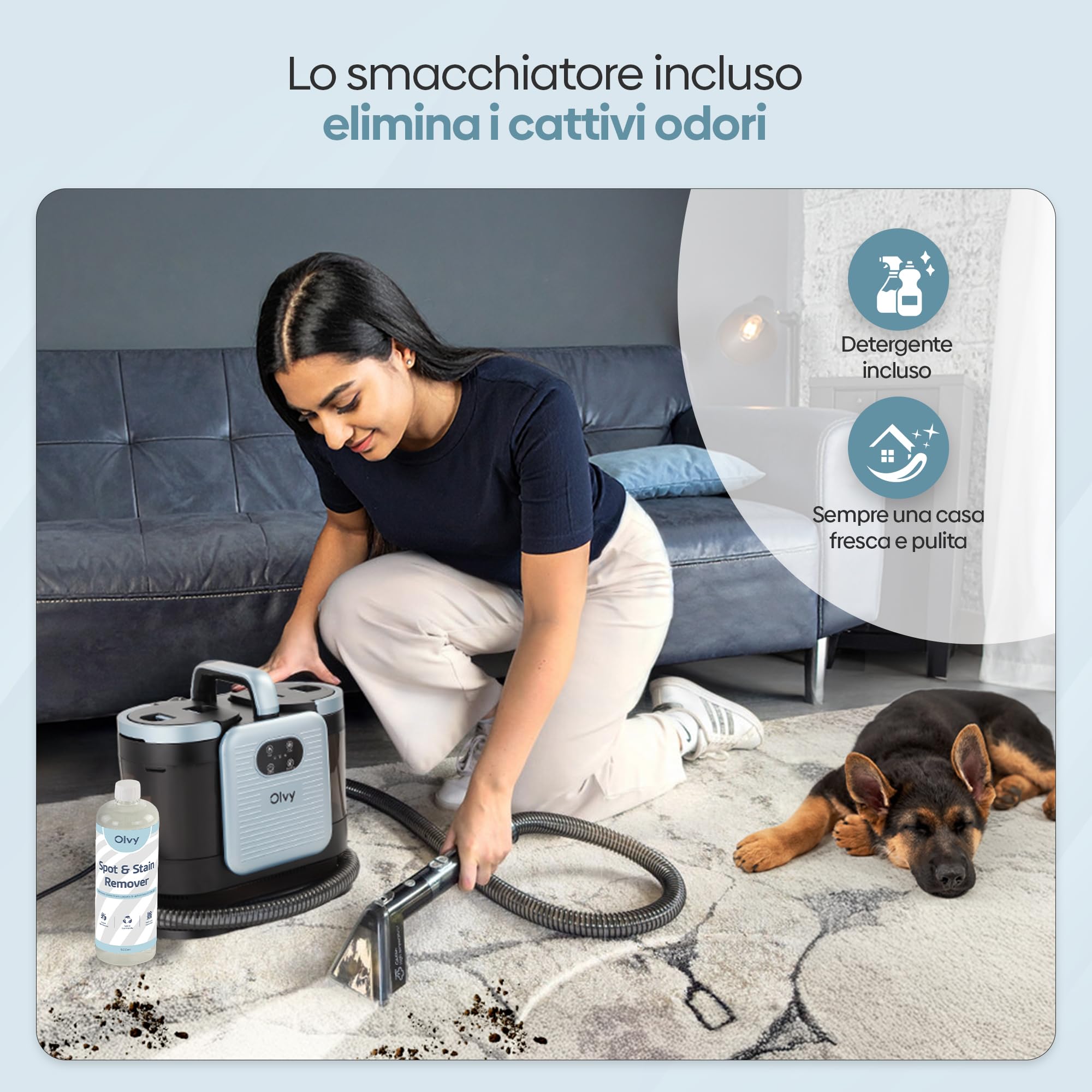 Olvy Pulitore per Tappeti PRO – Aspiratore a umido e pulitore a vapore per imbottiti – Pulitore a vapore a 100°C – Dispositivo per pulizia divani – Aspiratore per imbottiti a umido – 1650W