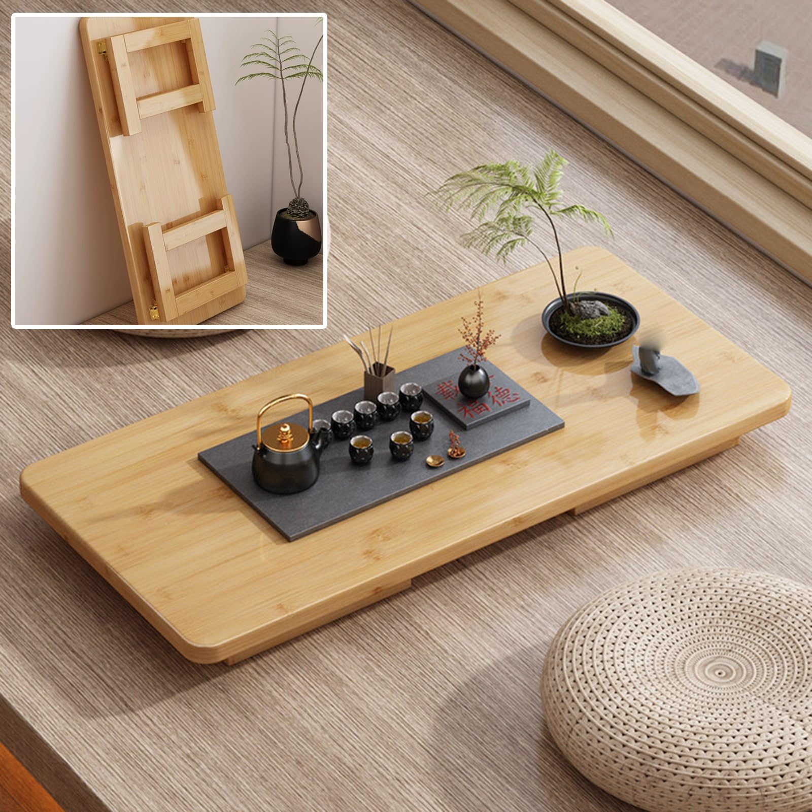 Japoński Stolik Kawowy, Składany Stolik Kawowy z Drewna, do Salonu, Jadalni, Sypialni, na Matę Tatami, do Herbaty, Jadalni, Sypialni, Udźwig 60 kg(Brown,80x40x30cm/31x16x12in)