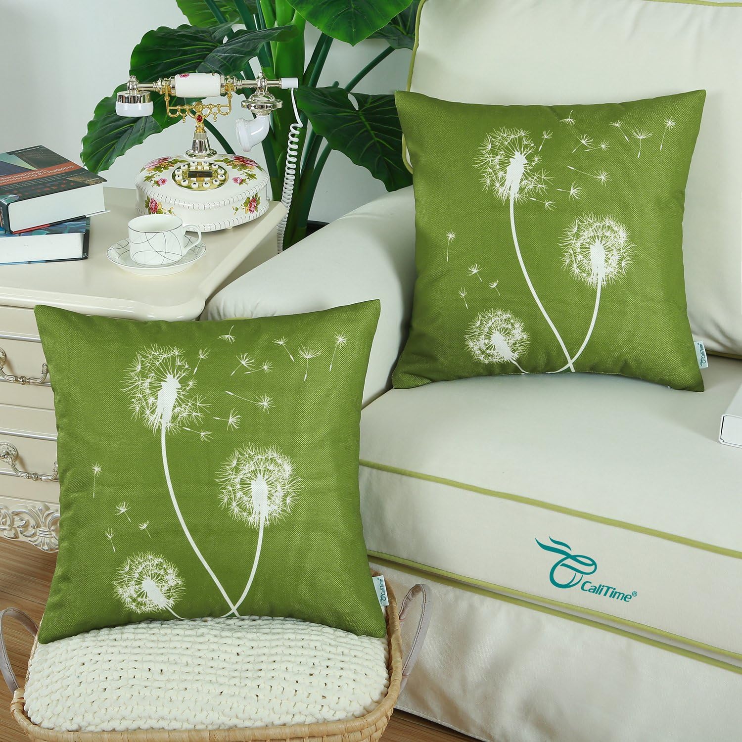 CaliTime Pack of 2 Canvas Throw Pillow Covers Cases for Couch Sofa Home Decoration Solid Dandelion Print Both Sides 18 X 18 Inches Olive Green